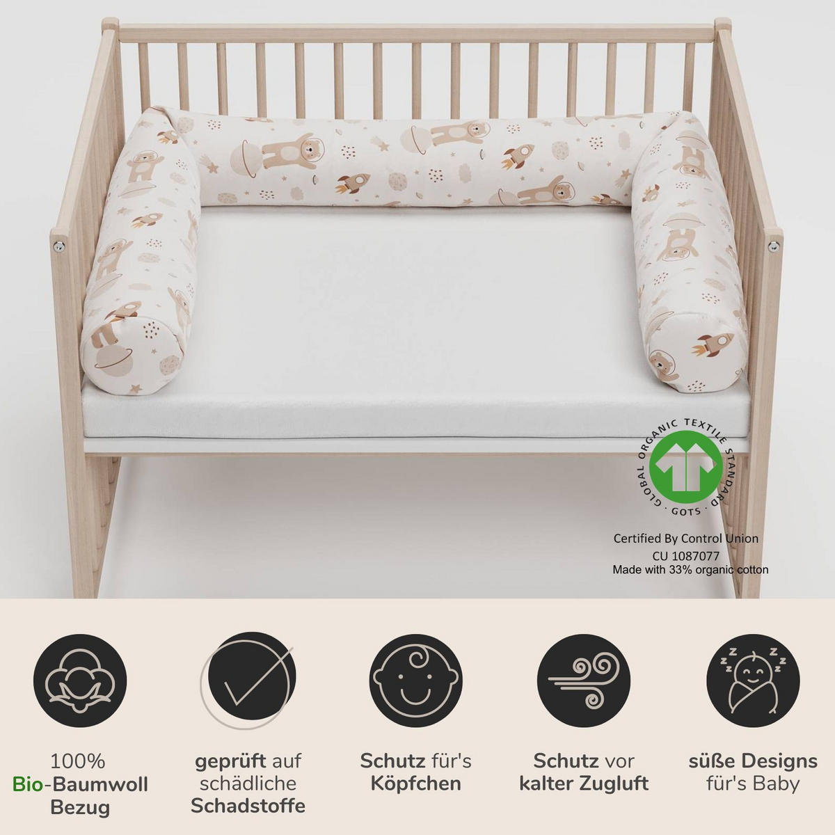 NESTCHENSCHLANGE Cozy "Space Adventure" Alloverprint 190 cm Bettschlange - Hellbraun/Creme, Textil (15/190cm) - Sämann – make a difference.
