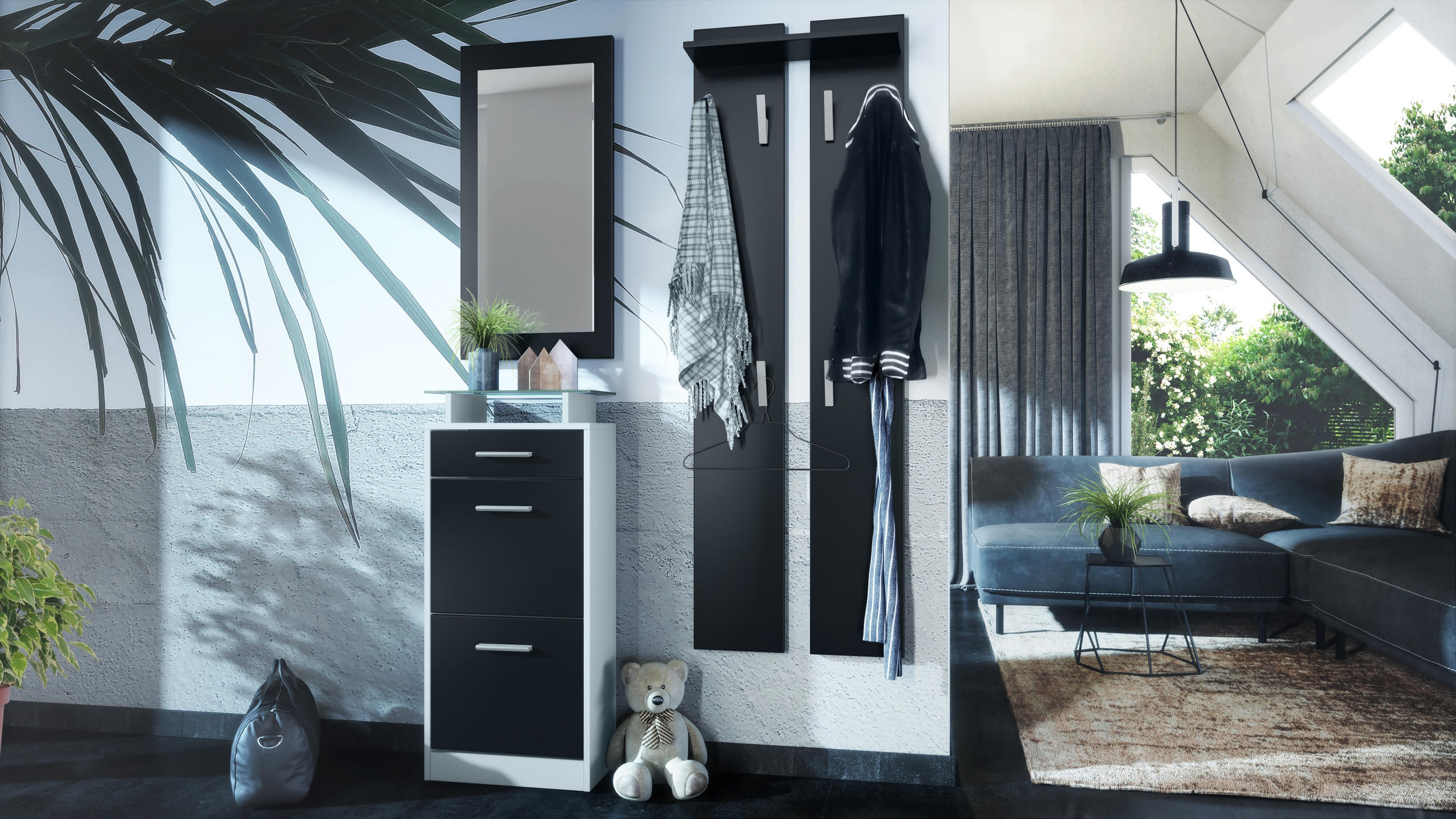 Thumbnail - Vladon Garderobe, Schwarz, Holzwerkstoff, 140x200x23 cm, Garderobe, Garderoben-Sets & Serien, Garderoben-Sets