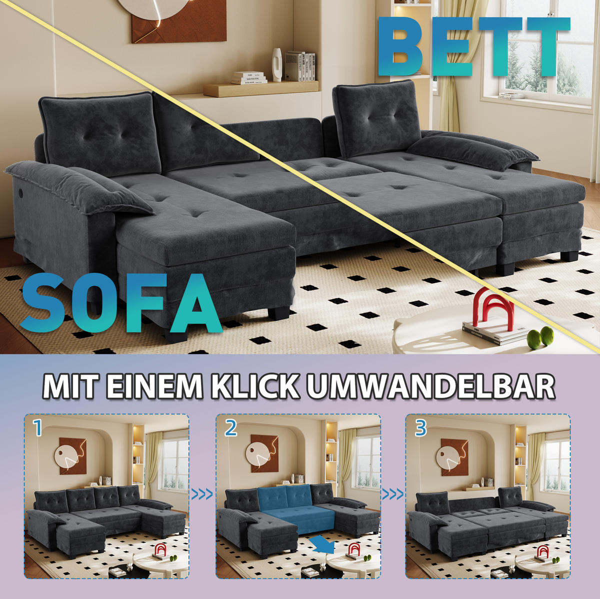 SCHLAFSOFA aus Chenille 278x127x87 cm Grau mit USB-Anschluss, abnehmbaren Armlehnen und Ausziehfunktion - Grau, Textil (278/87/127cm) - Modfu
