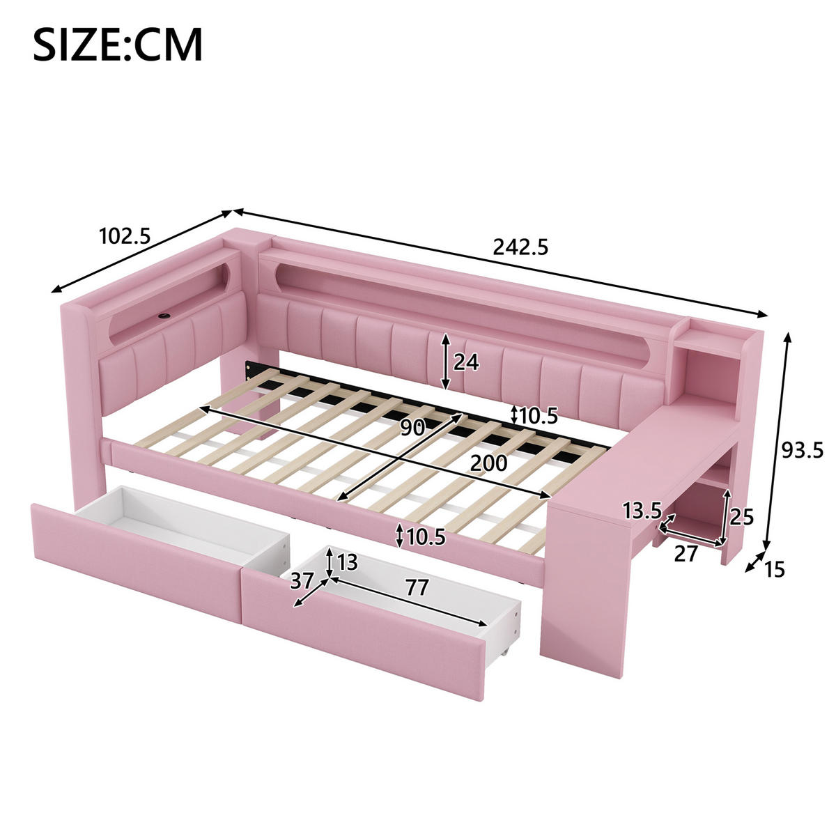 POLSTERBETT 90/200 cm Rosa aus MDF, Sperrholz und Leinen mit USB, LED und Schreibtisch - Rosa, Textil (90/200cm) - OKMYHOME