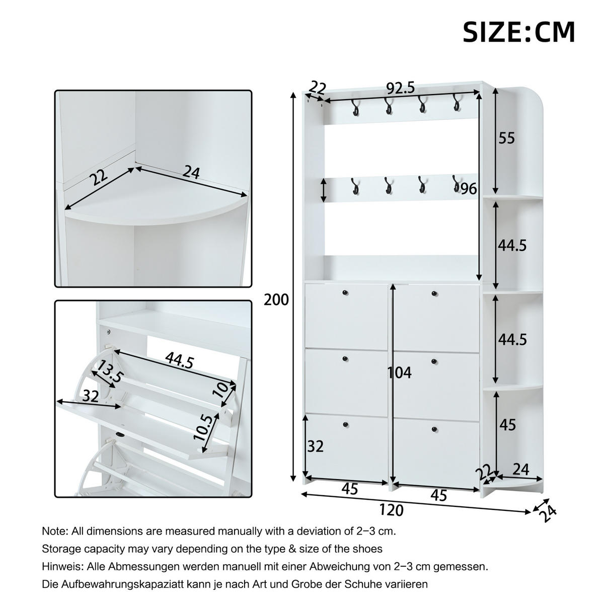 STANDGARDEROBE 120/24/200 cm mit 8 Haken und Schuhschrank in Weiß - Weiß, Holzwerkstoff (120/200/24cm) - BEAOK