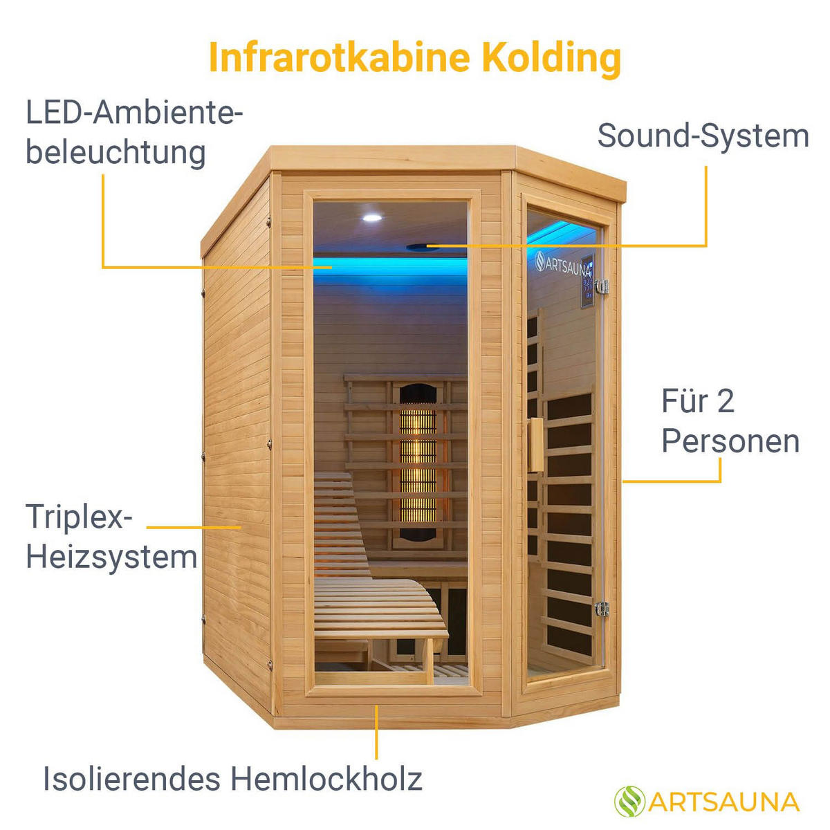 INFRAROTKABINE Kolding mit Triplex-Heizsystem & Hemlockholz - Naturfarben, Holz (130/190/190cm) - Artsauna