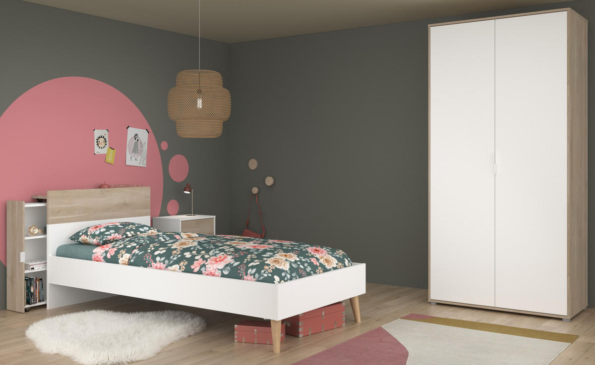 JUGENDZIMMER weiß, Eiche, Komplett-Set 4-teilig mit Stauraum - Eichefarben/Weiß, Holzwerkstoff/Kunststoff (95/205/206cm) - Parisot Meuble