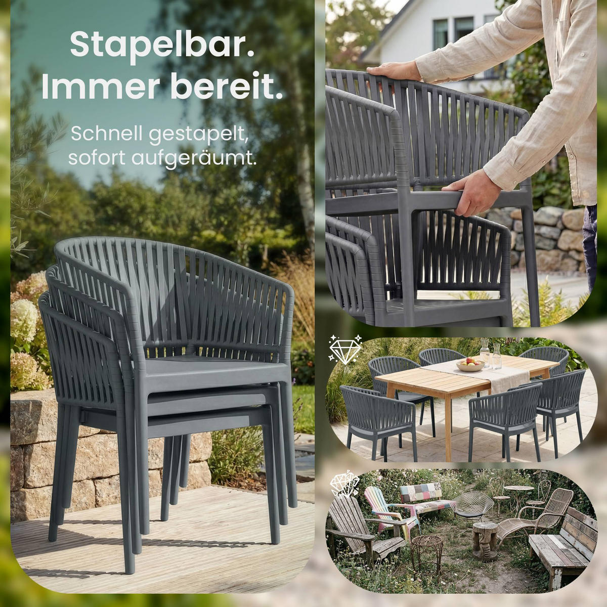 GARTENSTUHL 4er Set Kunststoff Dunkelgrau - Dunkelgrau, Kunststoff (58/80/58cm) - CLP