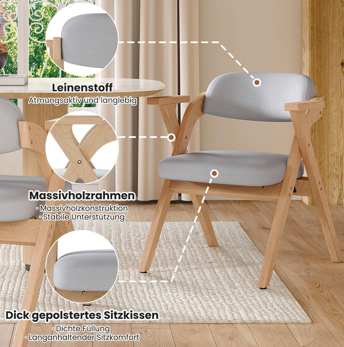 KLAPPSTÜHLE 2er-Set mit Armlehnen Massivholz Leinen Grau - Grau, Holz (66.5/76/64.5cm) - Meubliv