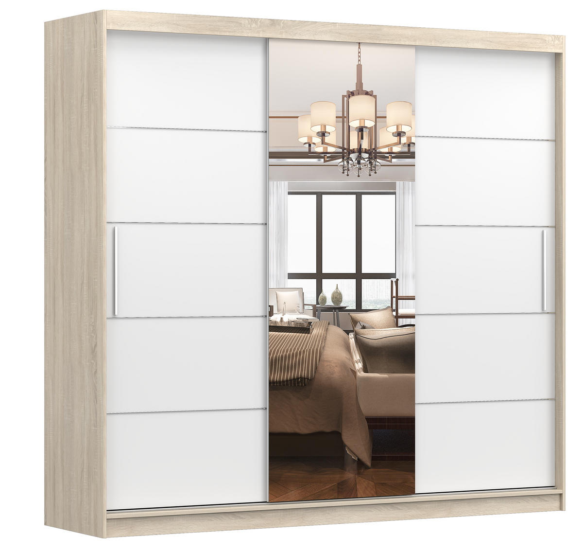 SCHIEBETÜRENSCHRANK - ALFA (Sonoma +Weiß) - Weiß/Sonoma Eiche, Holzwerkstoff/Metall (233/218/61cm) - Möblo