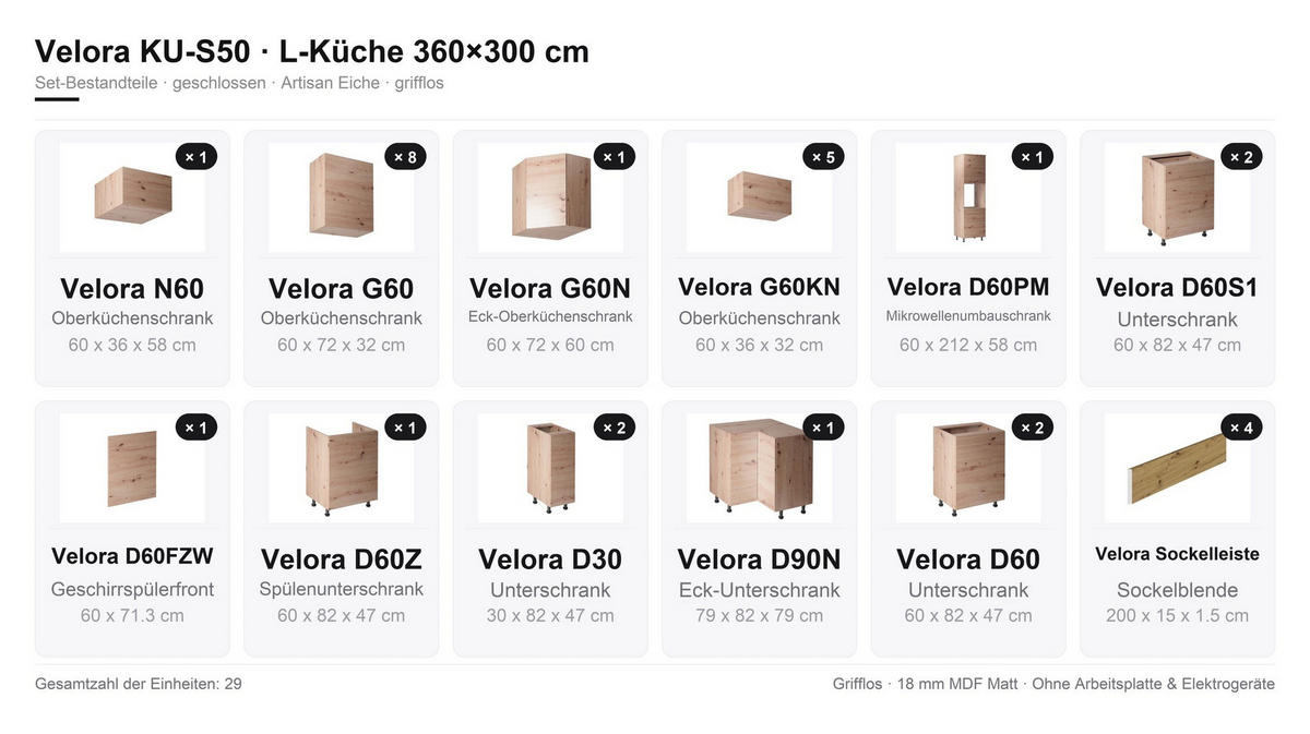 WINKELKÜCHE 360 x 300 cm VELORA – KU-S50 – Eiche Artisan - Eiche Artisan, Holzwerkstoff (360/248/300cm) - hi-markt