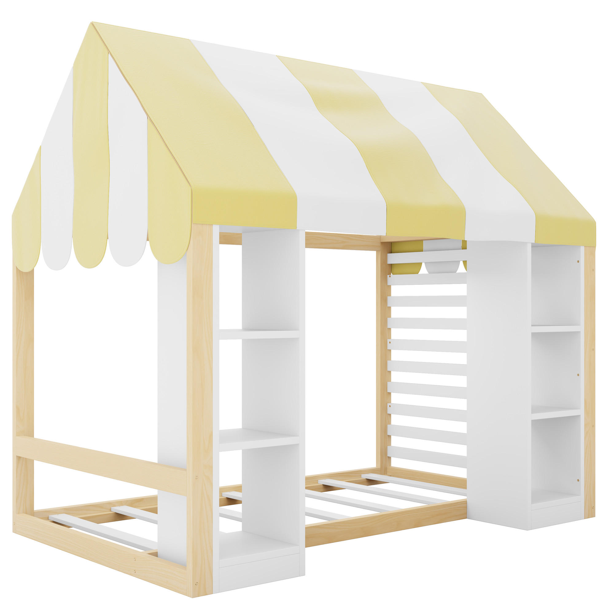 HAUSBETT 90/200 cm mit Himmelbett und Stauraum, DE-41618, in Holzfarbe/Weiß - Naturfarben/Weiß, Holzwerkstoff (90/200cm) - ComfortXL