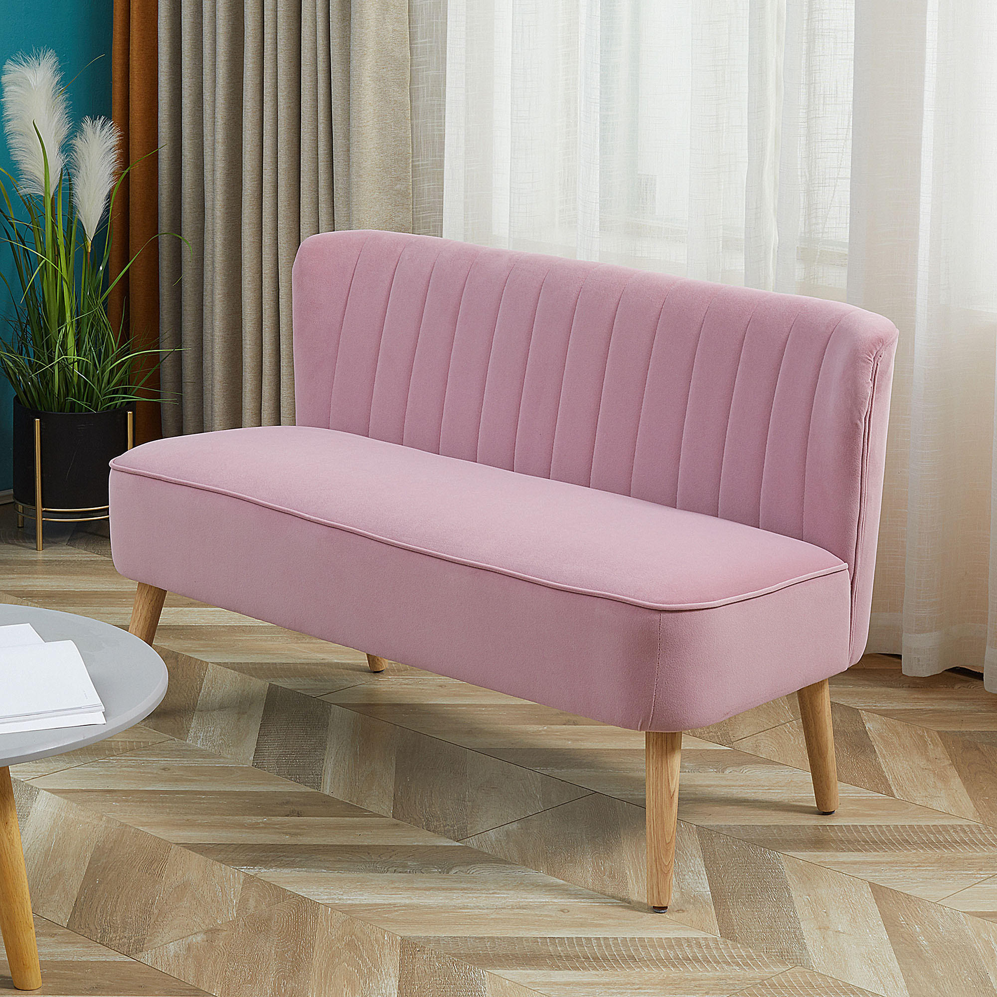 SOFA 2-Sitzer Couch Stoffsofa Sitzmöbel Polstersofa Loungesofa breit Rosa - Rosa/Naturfarben, Holz/Textil (56.5/77/117cm) - HOMCOM