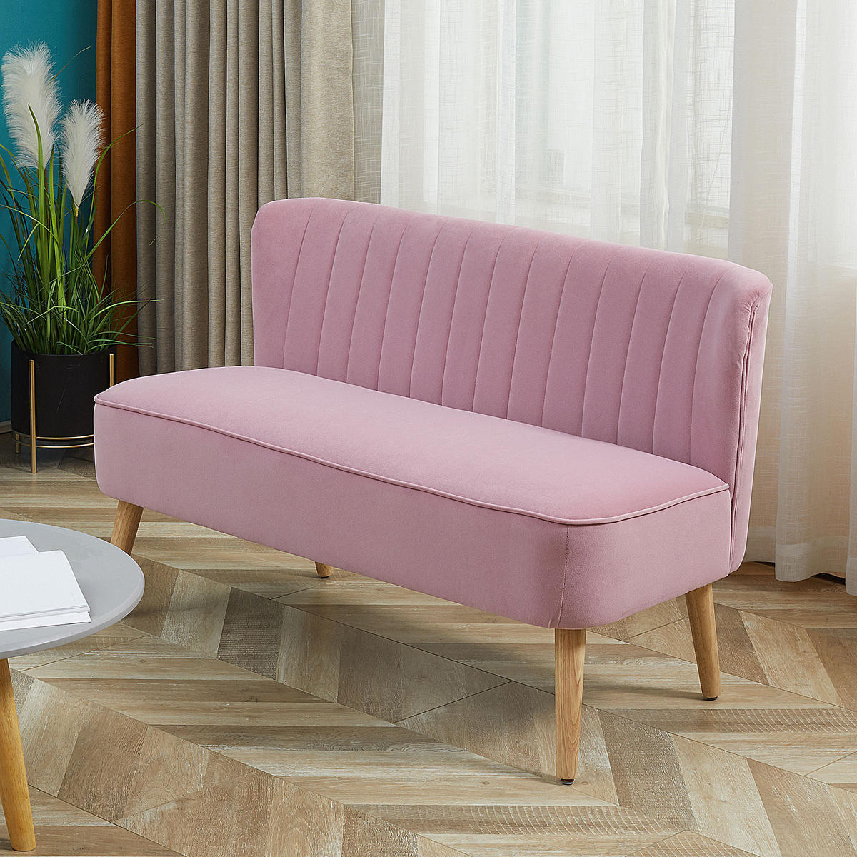 SOFA 2-Sitzer Couch Stoffsofa Sitzmöbel Polstersofa Loungesofa breit Rosa - Rosa/Naturfarben, Holz/Textil (56.5/77/117cm) - HOMCOM