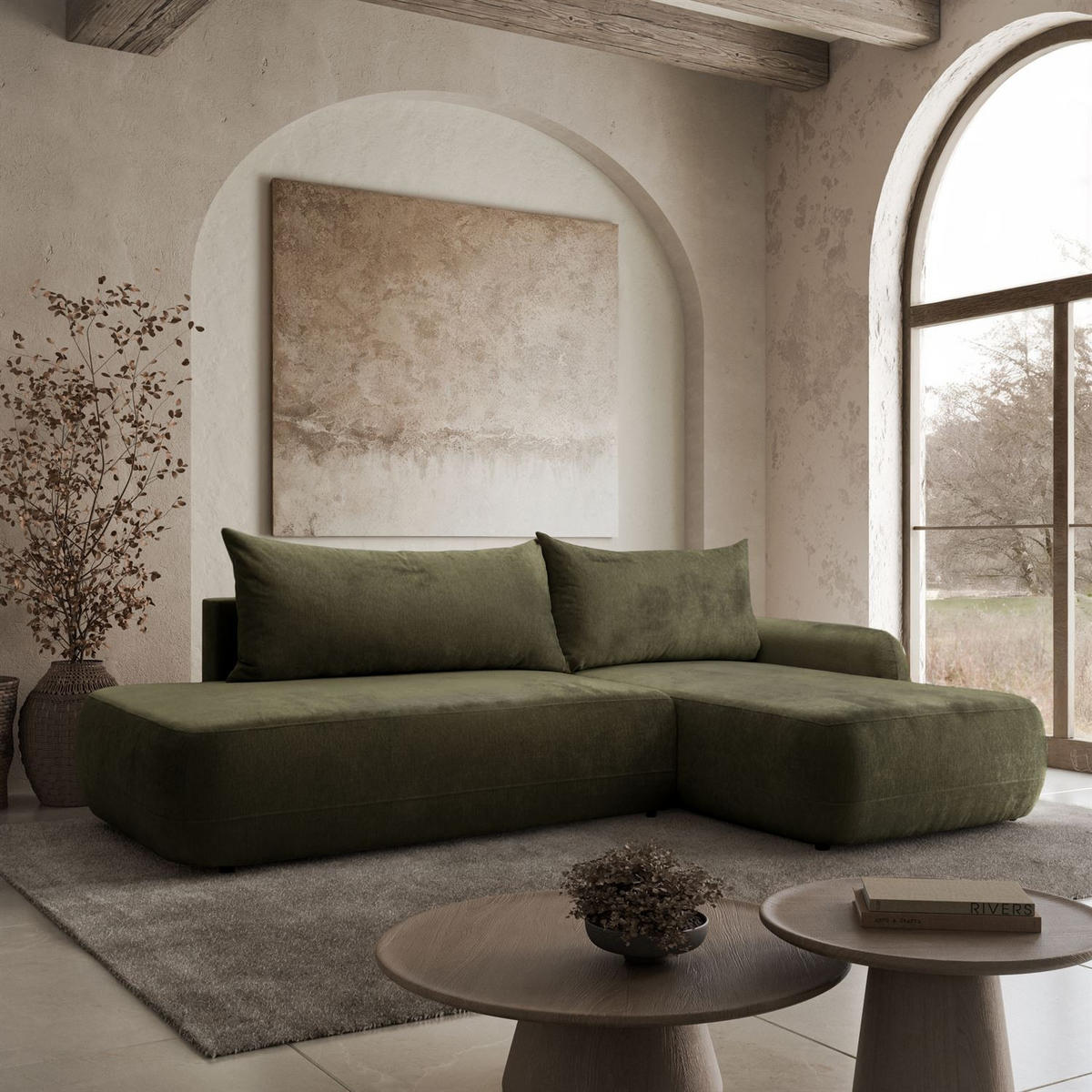 ECKSOFA GOYA mit Schlaffunktion und Bettkasten, Rechte, Perfect Harmony 39 - Waldgrün, Textil (302/184cm) - Lookway