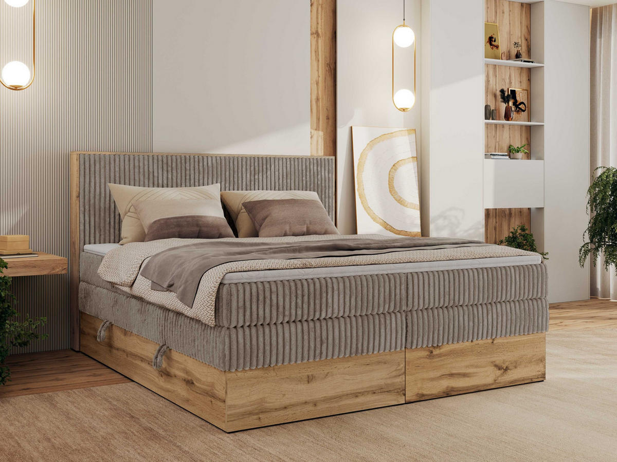 BOXBETT WOOD CLASSIC KING 180/200 - Hellbraun Cord - H4 - Hellbraun, Textil (180/200cm) - MKS