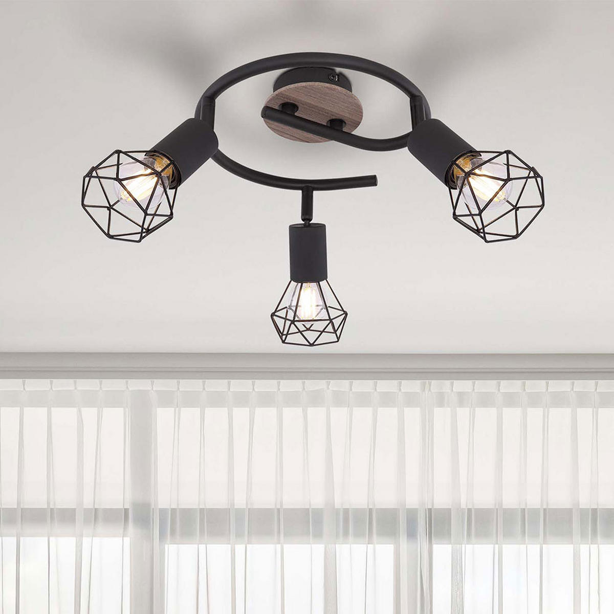 DECKENLEUCHTE Metallkäfig Schwarz Natur - Schwarz, Holz (23/23/21.5cm)