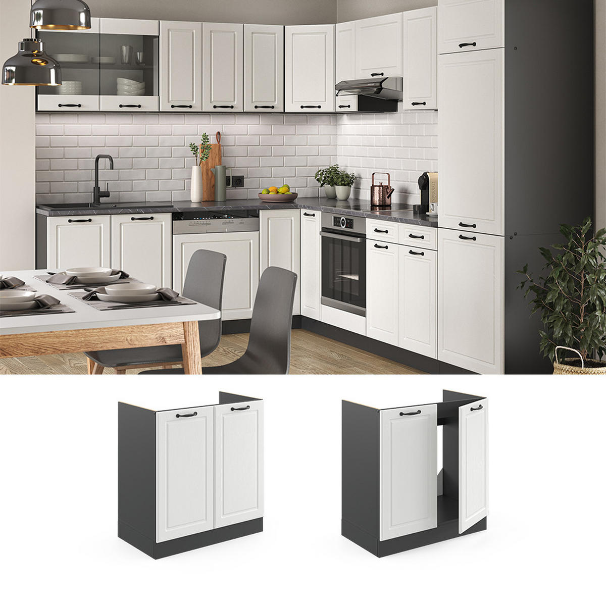 SPÜLENUNTERSCHRANK R-Line Weiß Landhaus 80 cm, AP Eiche - Anthrazit/Weiß, Holzwerkstoff (80/81.6/60cm) - Vicco