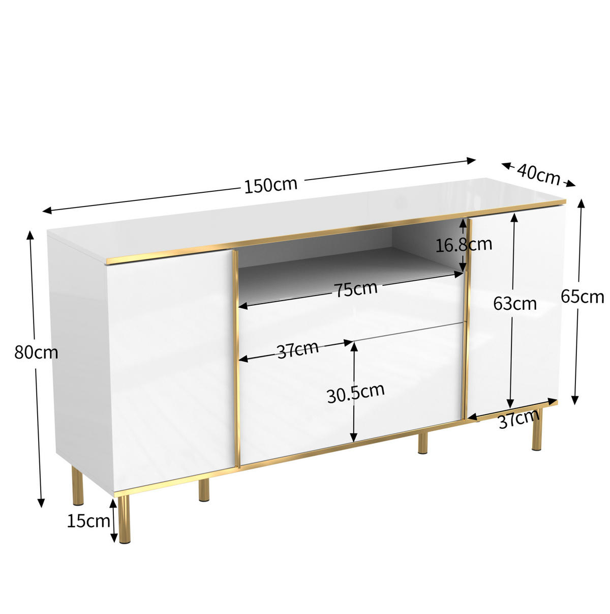 SIDEBOARD aus MDF/Spanplatte in Weiß Hochglanz mit LED, 4 Türen und Schublade, 150/40/80 cm, Weiß - Weiß, Holzwerkstoff (40/80/150cm) - Redom
