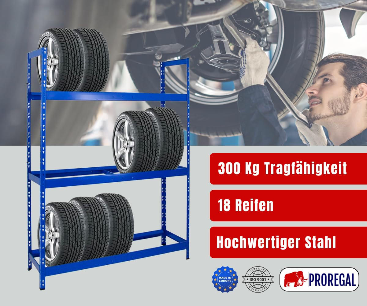 REIFENREGAL Tiger XL 200x150x45 cm 300 kg Fachlast bis zu 18 Reifen auf 3 Ebenen Blau - Blau, Metall (150/200/45cm) - PROREGAL