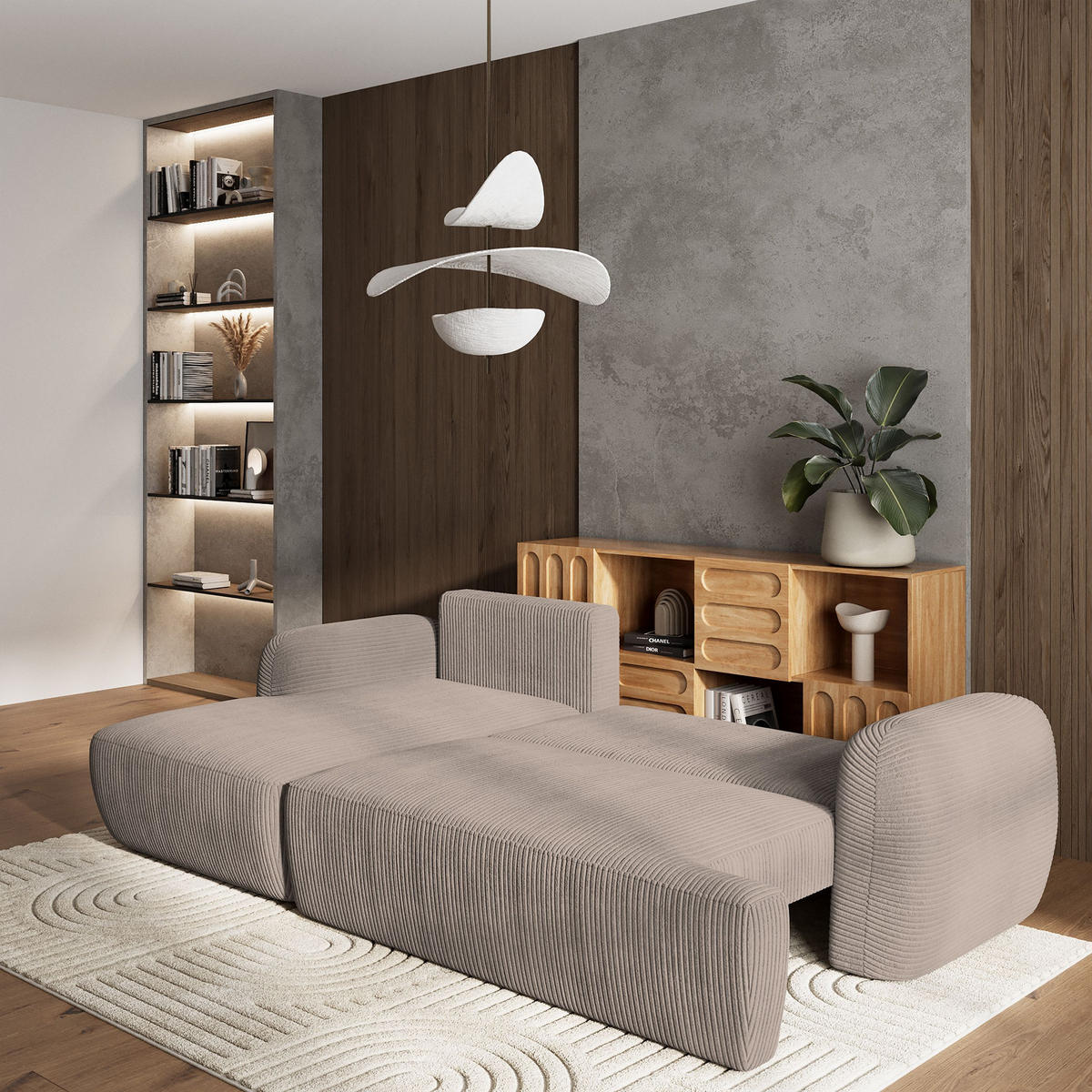 ECKSOFA MODENZA P L-S Beige Kordstoff mit Schlaffunktion - Beige, Holz (266/148cm) - MASSENO