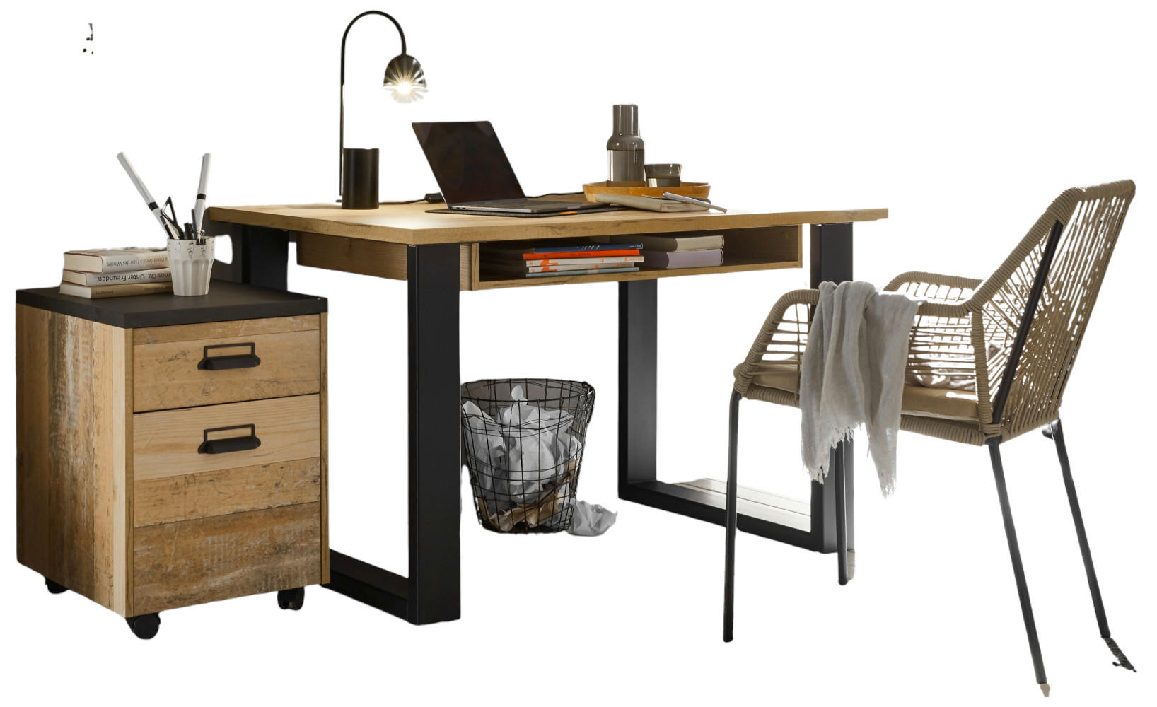 SCHREIBTISCH-SET mit Rollcontainer, Used Wood hell, anthrazit - Eichefarben/Anthrazit, Holzwerkstoff/Metall (60/165/76cm) - Furn.Design