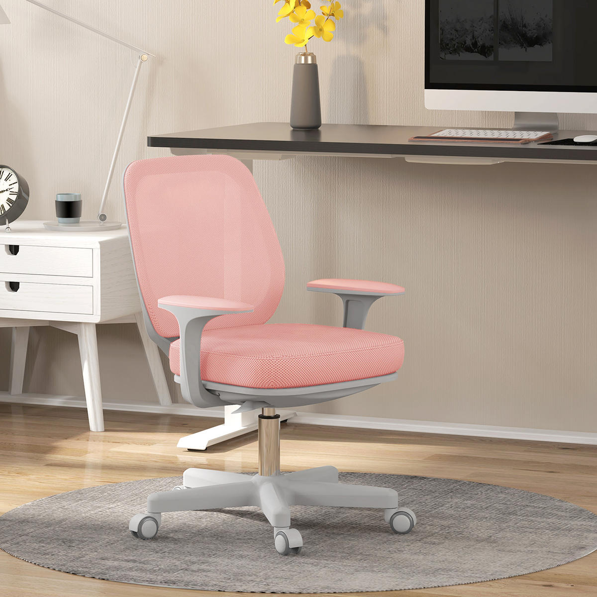 BÜROSTUHL, Ergonomisch Schreibtischstuhl mit Drehfunktion, Höhenverstellbar - Rosa/Weiß, Kunststoff/Textil (48/94.5/55cm) - Vinsetto