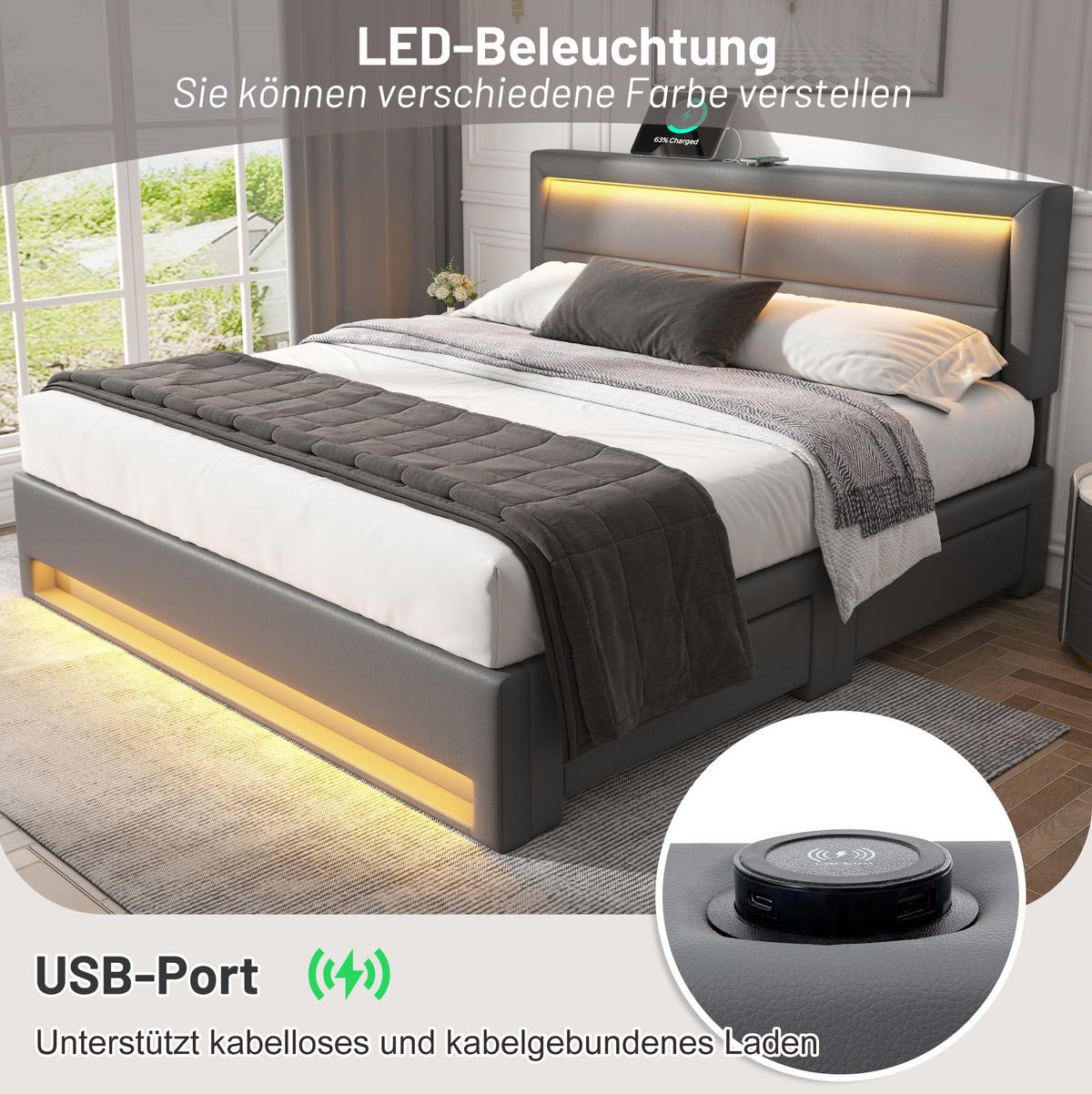 POLSTERBETT 140/190 cm mit USB-Ladefunktion, LED-Beleuchtung & 4 Schubladen, Grau - Grau, Kunststoff (140/190cm) - Redom