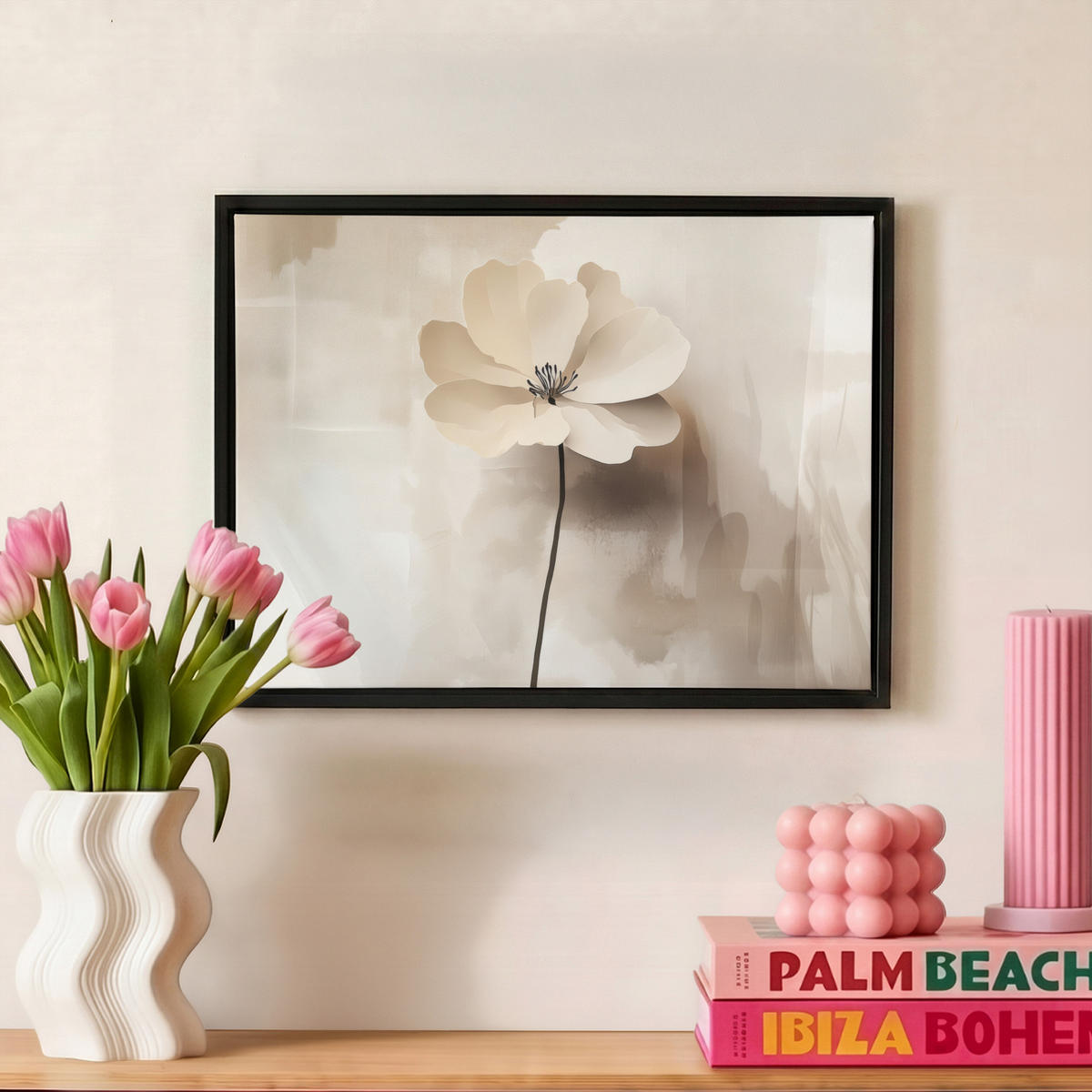 LEINWAND Bilder mit Rahmen - Blume - Beige - Farbe - Schatten - 40x30 - Creme, Textil (40/30cm) - MuchoWow