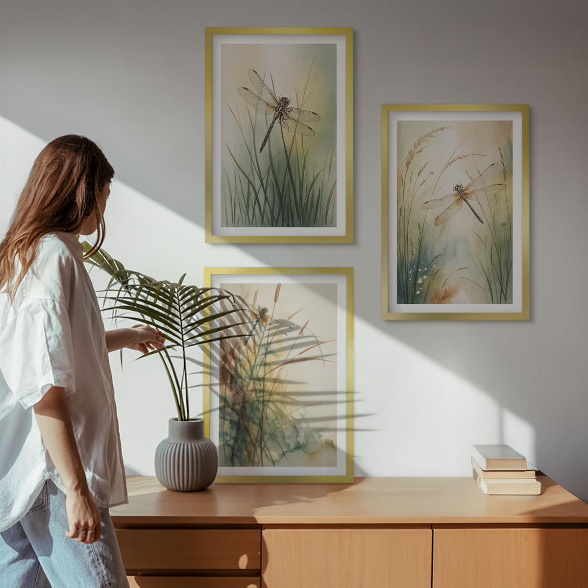 WANDBILDER 3er Set - 40x60 cm Goldrahmen - Libellengräser über dem Wasser - Goldfarben, Kunststoff (40/60cm) - ArtPrintCave