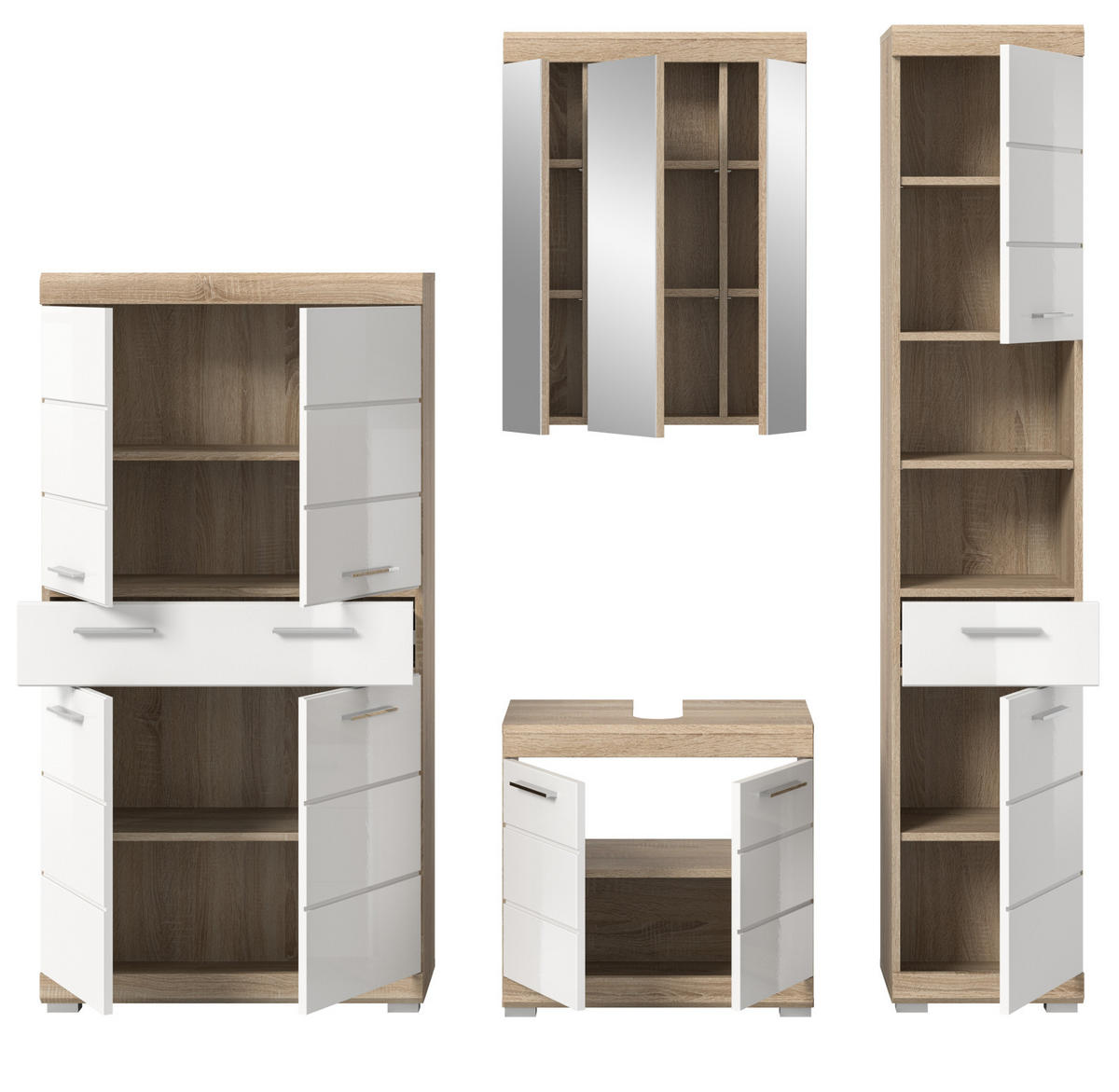 BADMÖBEL-SET weiß Hochglanz, Eiche 4-teilig 186 cm, viel Stauraum - Weiß Hochglanz/Eichefarben, Holzwerkstoff (186/191/34cm) - Inn.Furn