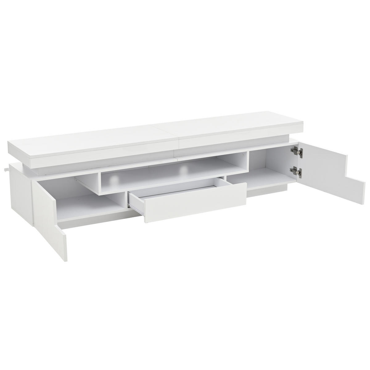 TV-LOWBOARD aus Spanplatte 175x38x45 cm Weiß mit LED-Beleuchtung, 2 Schränken, 1 Schublade und Hochglanzfront - Weiß, Holzwerkstoff (175/45/38cm) - Modfu