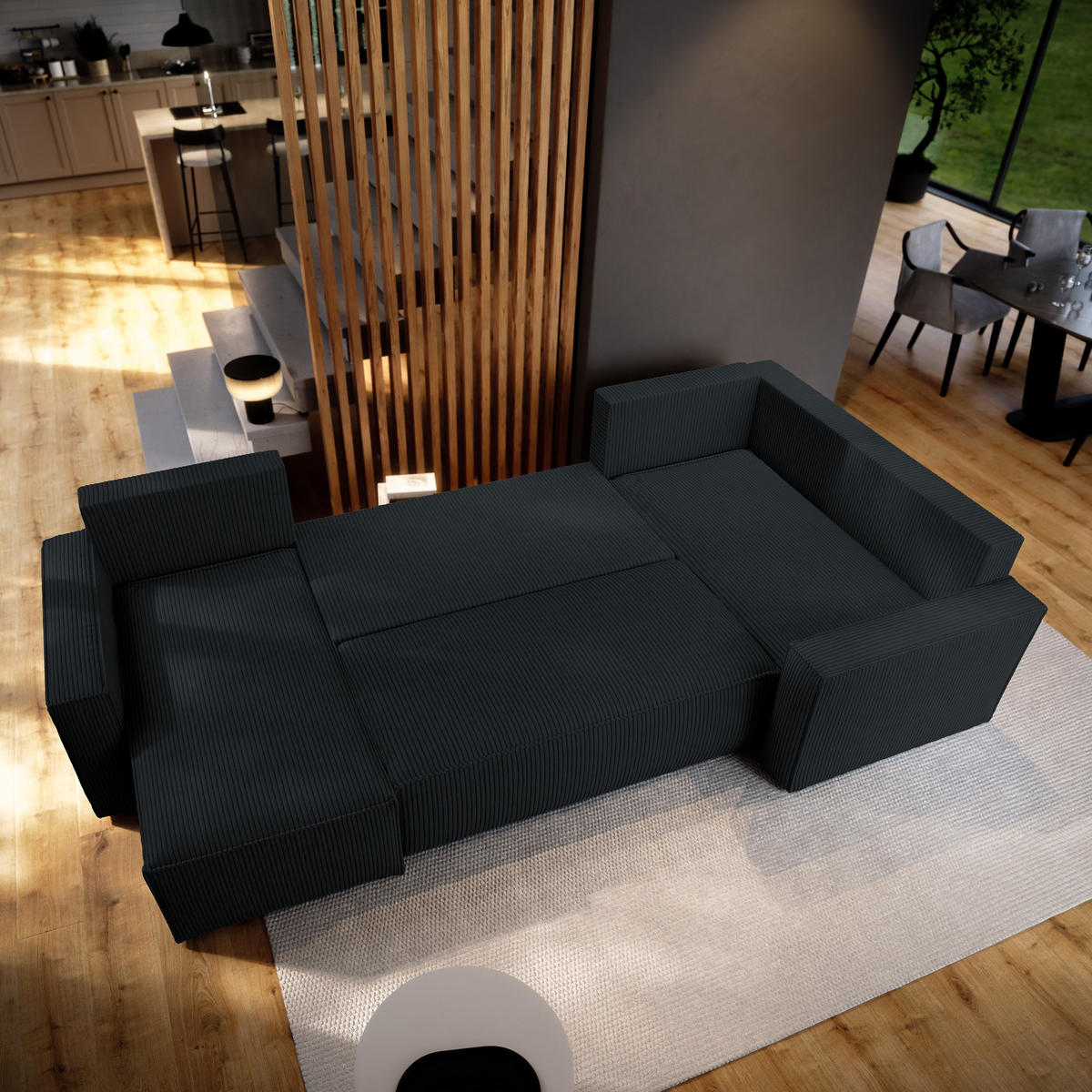 WOHNLANDSCHAFT NORENA R-S Schwarz Kordstoff mit Schlaffunktion - Schwarz, Holz (295/85/157.5cm) - MASSENO