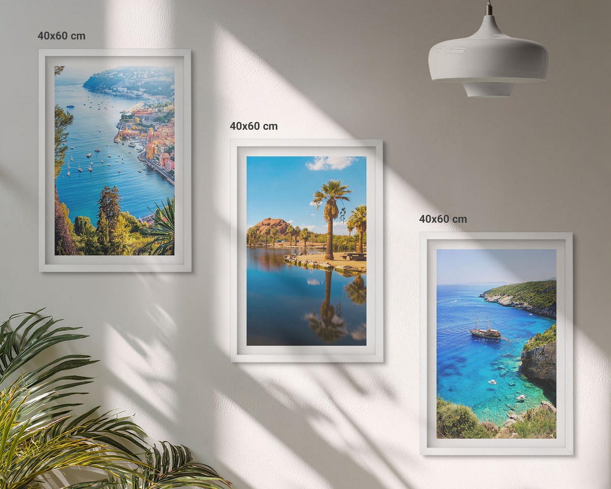 WANDBILDER 3er-Set - 40x60 cm Weißer Rahmen - Palmen am Meer, blaues Wasser - Weiß, Kunststoff (40/60cm) - ArtPrintCave