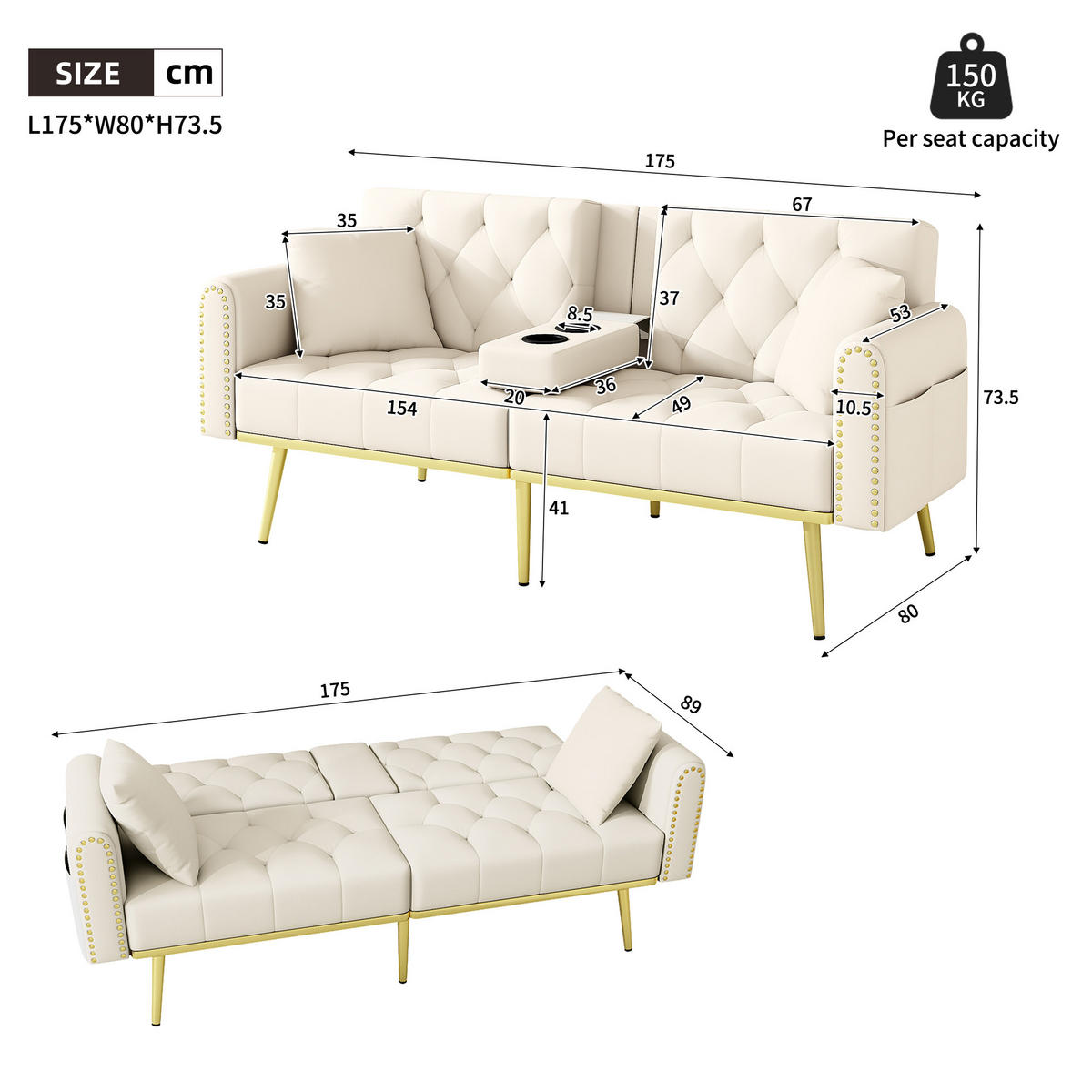 SCHLAFSOFA Samt mit verstellbarer Rückenlehne und Getränkehalter Beige 175/80/73,5 cm - Beige, Textil (73.5/175/80cm) - Redom