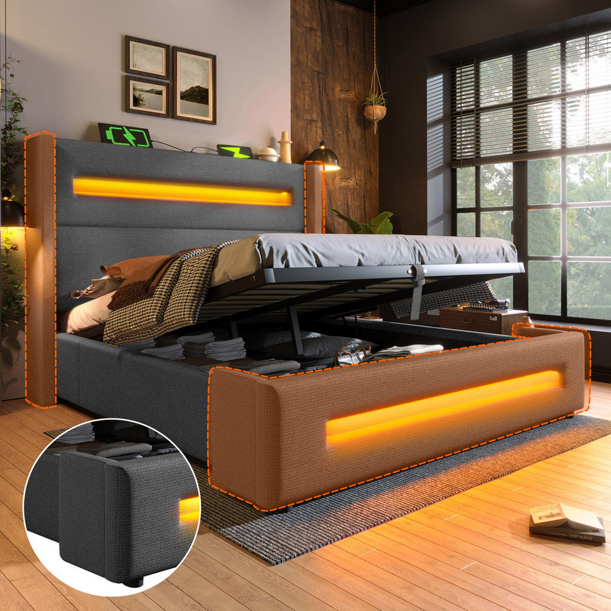 DOPPELBETT 160X200 cm mit LED USB Typ C - Grau, Holz (160/200cm) - FLIEKS