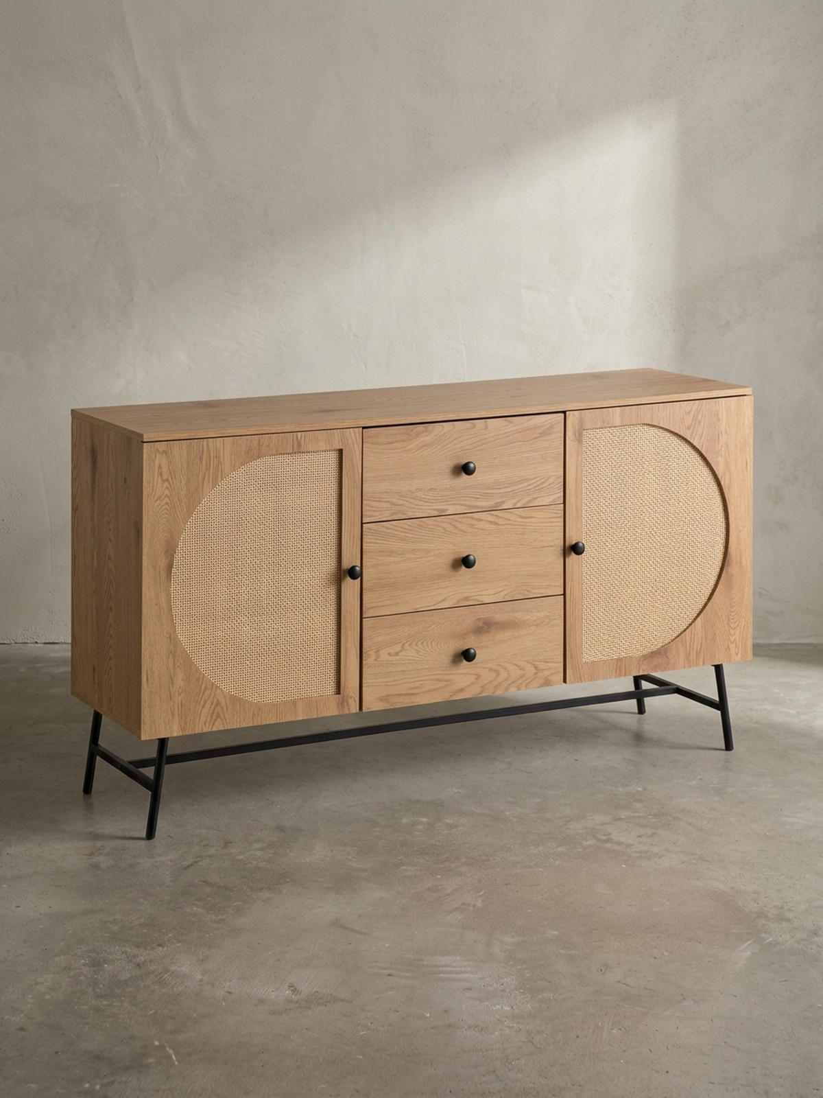 SIDEBOARD – Eiche-Dekor/Rattan, 140x80x40 cm, 2 Türen, 3 Schubladen, hoch - Schwarz/Braun, Holzwerkstoff/Metall (140/80/40cm) - KADIMA DESIGN