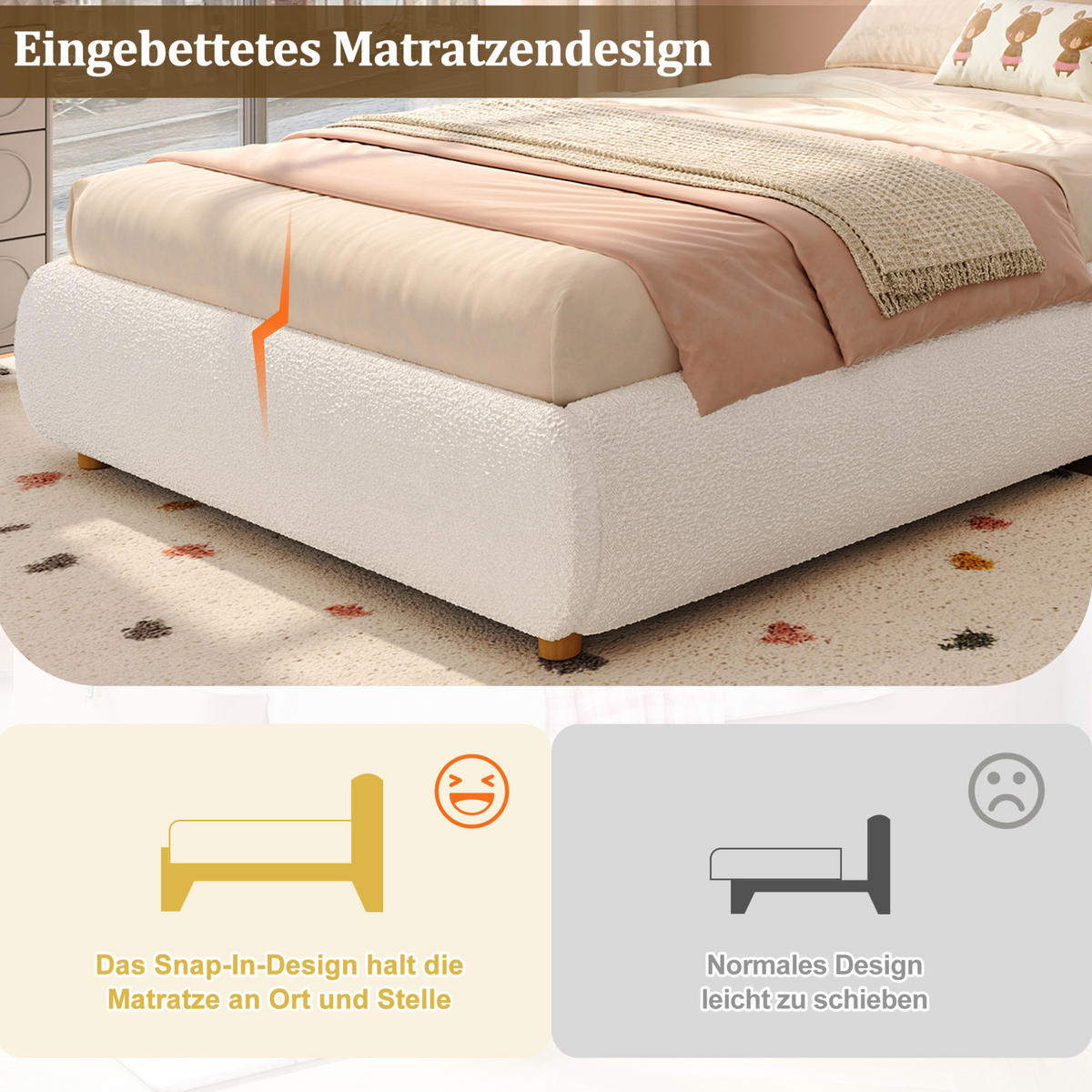 KINDERBETT 90/200 cm mit hydraulischem Bettkasten, gepolstertem Kopfteil und Bouclé-Bezug, Beige - Beige, Textil (90/200cm) - Redom