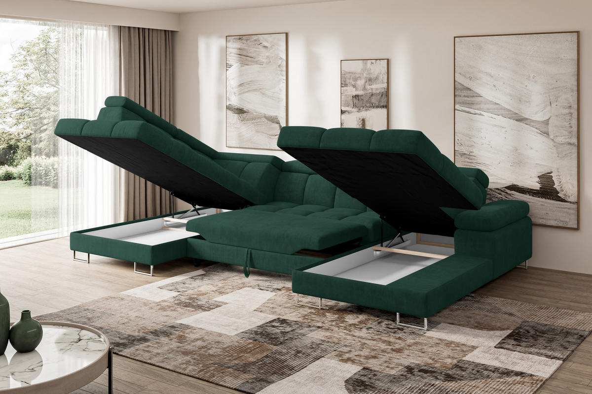 WOHNLANDSCHAFT mit Schlaffunktion und Bettkasten Ottomane Links COMA U 345x203x79 Grün Velours - Grün, Holzwerkstoff/Textil (345/79/203cm) - ALTDECOR