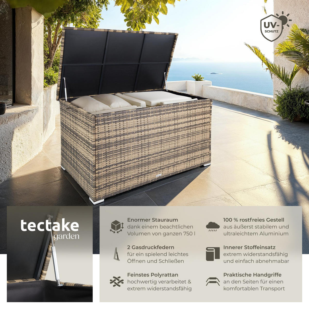 AUFLAGENBOX Oslo,145 x 82,5 x 79,5 cm,natur - Naturfarben, Kunststoff (82.5/79.5/145cm) - tectake