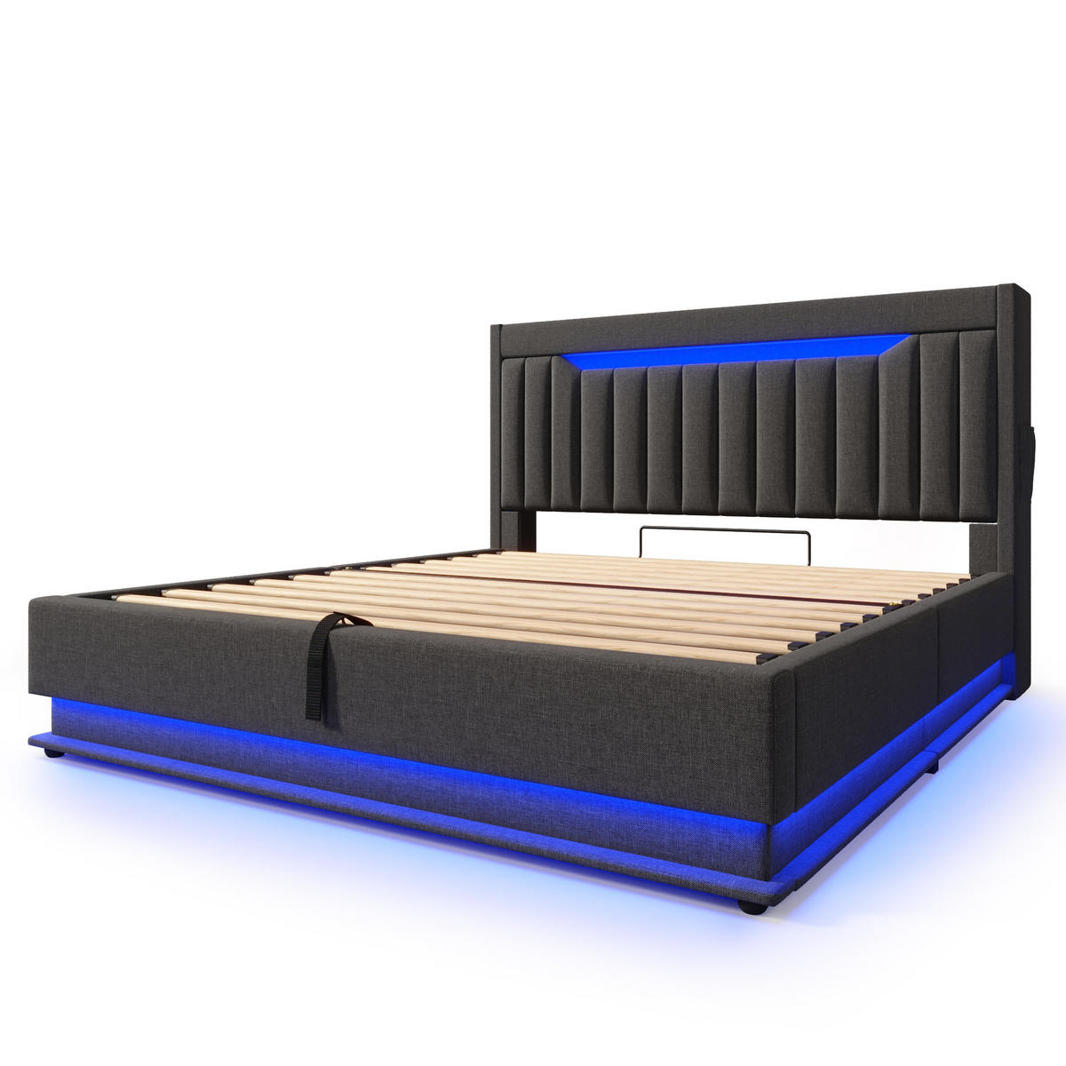 POLSTERBETT 160/200 cm aus Leinen mit LED-Beleuchtung, USB-C und hydraulischem Bettkasten, Grau - Grau, Leder (160/200cm) - Redom