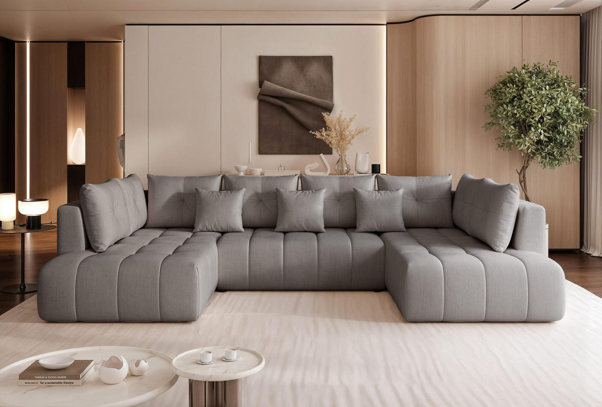 WOHNLANDSCHAFT STONE mit Schlaffunktion und Bettkasten, Stoff Grau - Dunkelgrau, Kunststoff/Textil (350/91/190cm) - Idohome