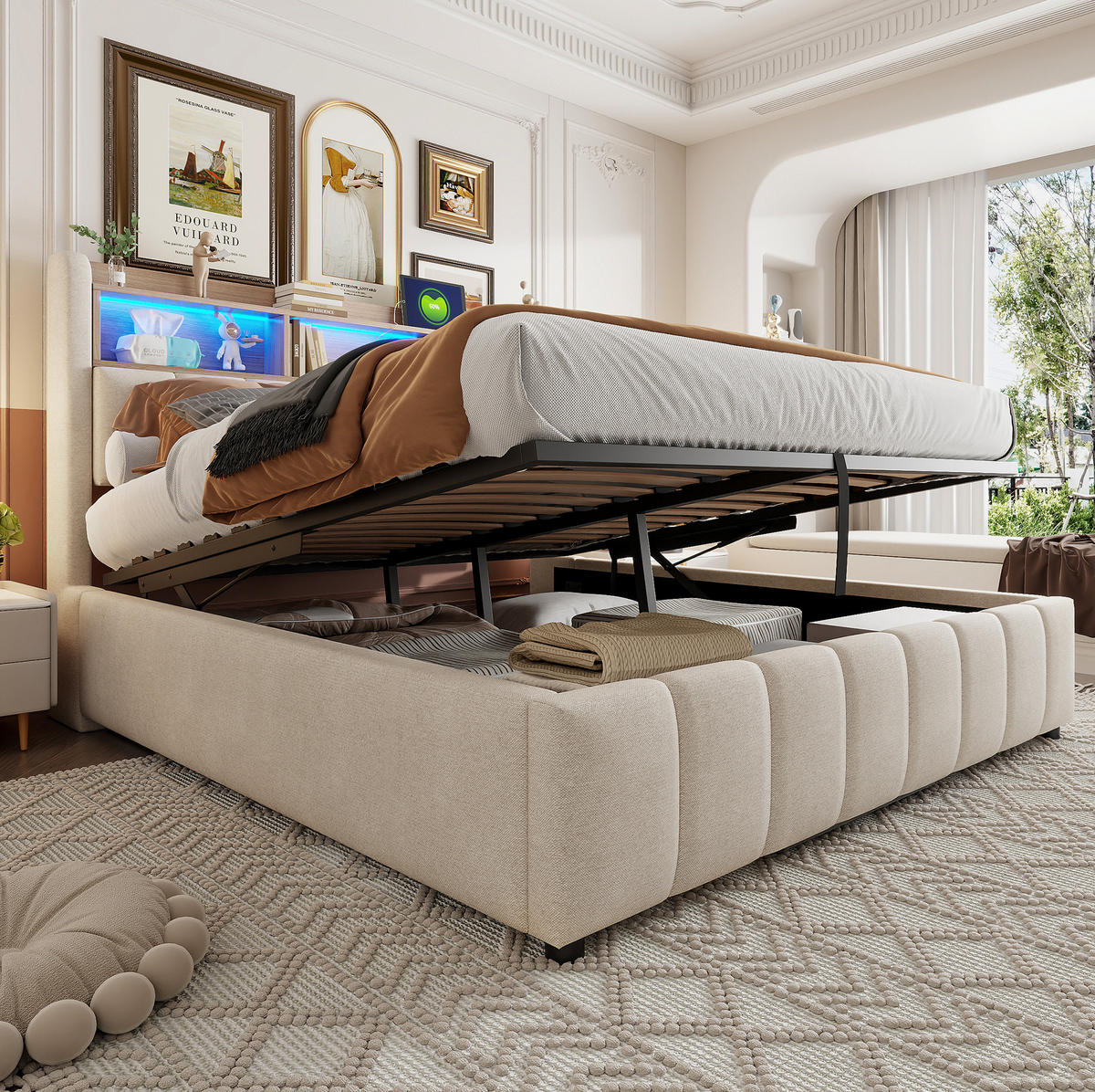 POLSTERBETT 180/200 cm Beige mit Stauraum, LED-Beleuchtung und USB - Beige, Textil (180/200cm) - Flora Grace