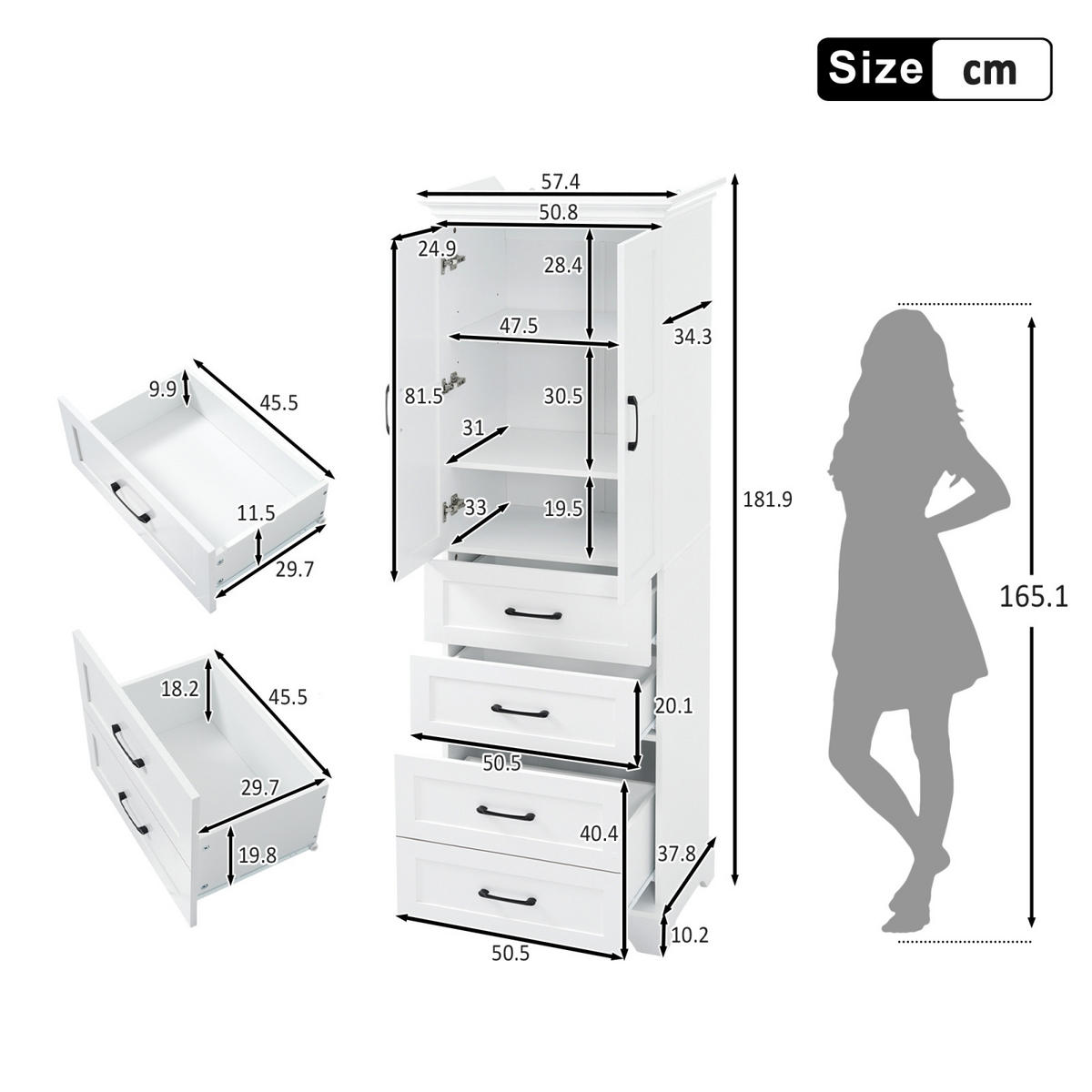BADEZIMMERSCHRANK mit Schubladen, Einzelschrank, verstellbare Einlegeböden, Soft Close, Weiß - Weiß, Holz (57/180/38cm) - PARAFTA HOME