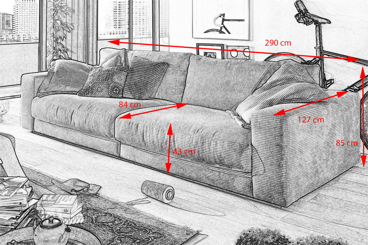 SOFA 3-SITZER MADELINE Taupe Cord - Taupe/Schwarz, Textil (290/85/127cm) - KAWOLA