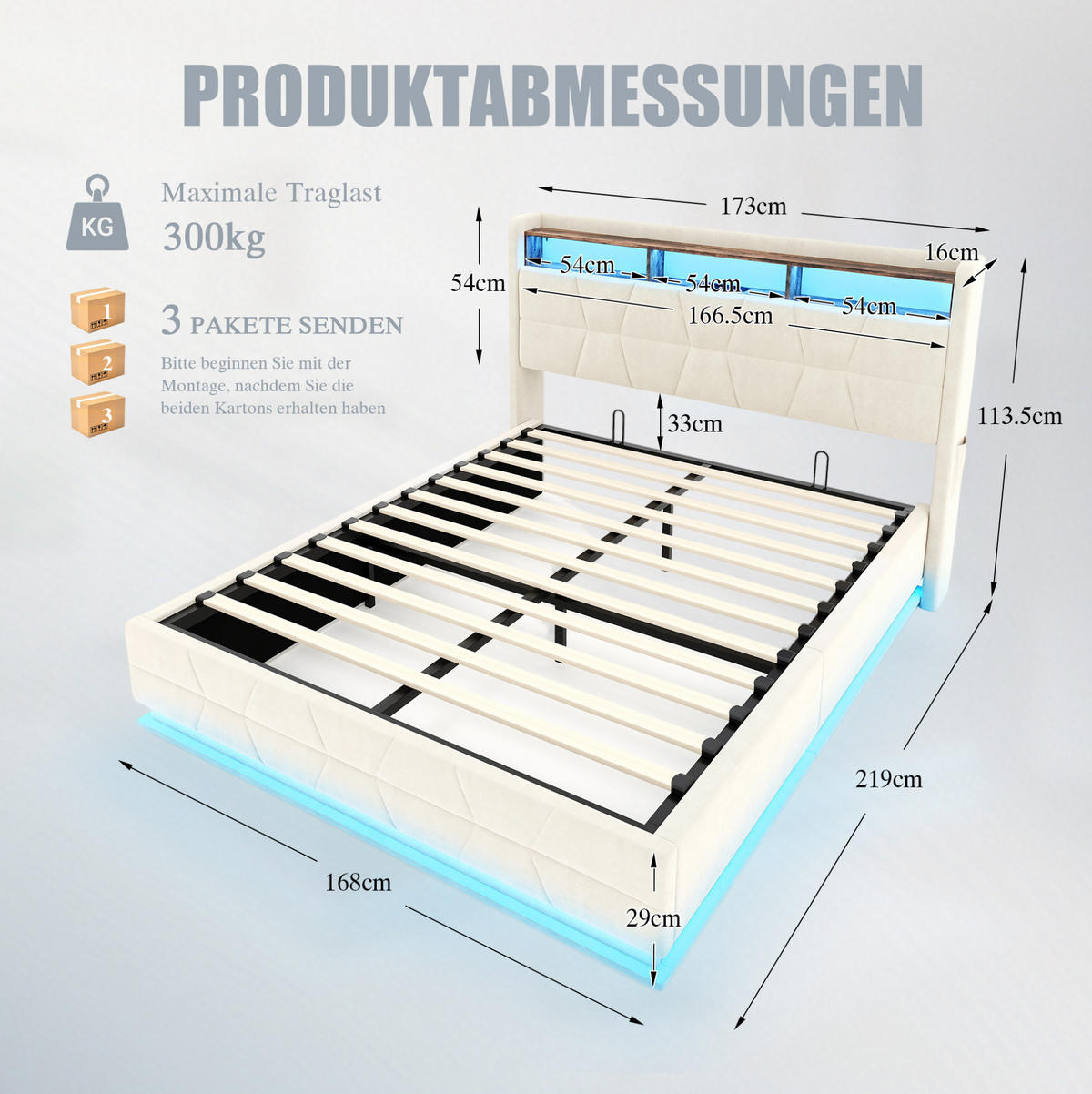 POLSTERBETT aus Velours 160 x 200 cm in Beige mit LED-Beleuchtung & USB/Type-C - Beige, Textil (160/200cm) - Modfu