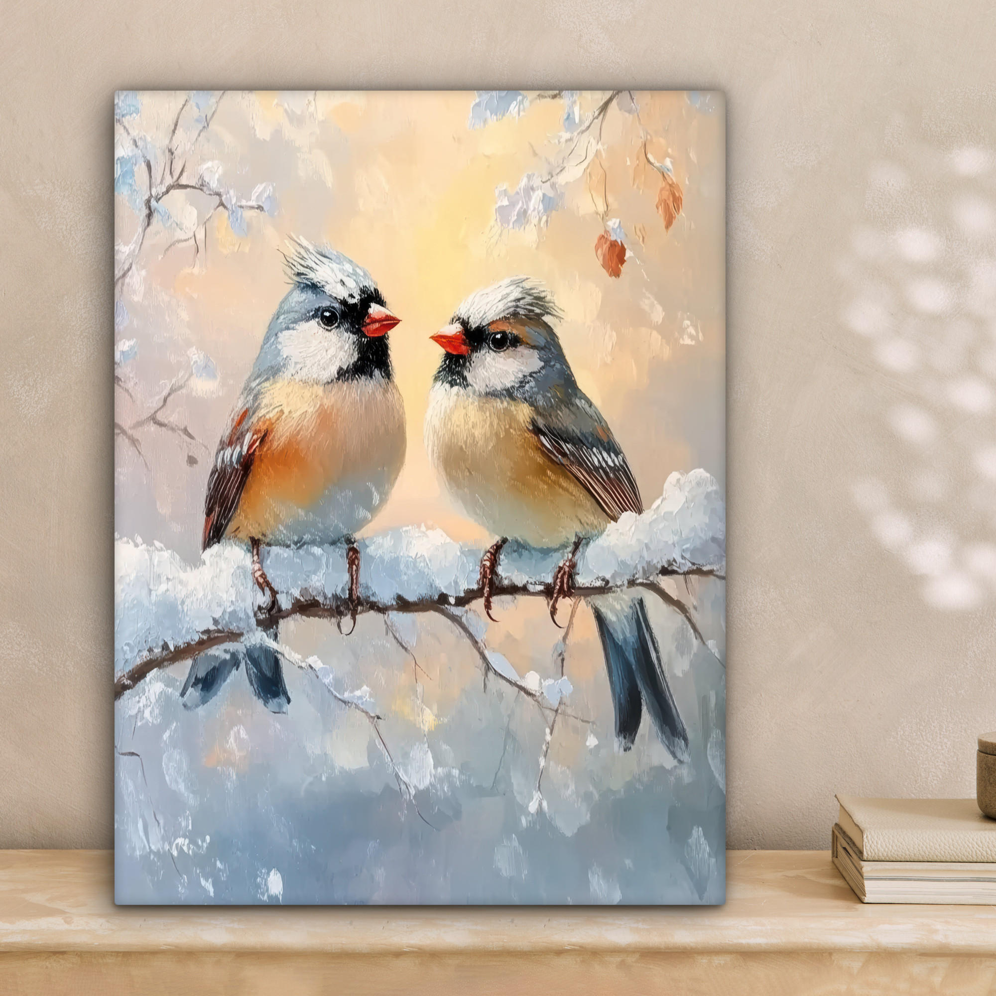 LEINWANDBILD Vögel - Zweig - Winter - Schnee 30x40 cm - Pastellblau, Textil (30/40cm) - MuchoWow