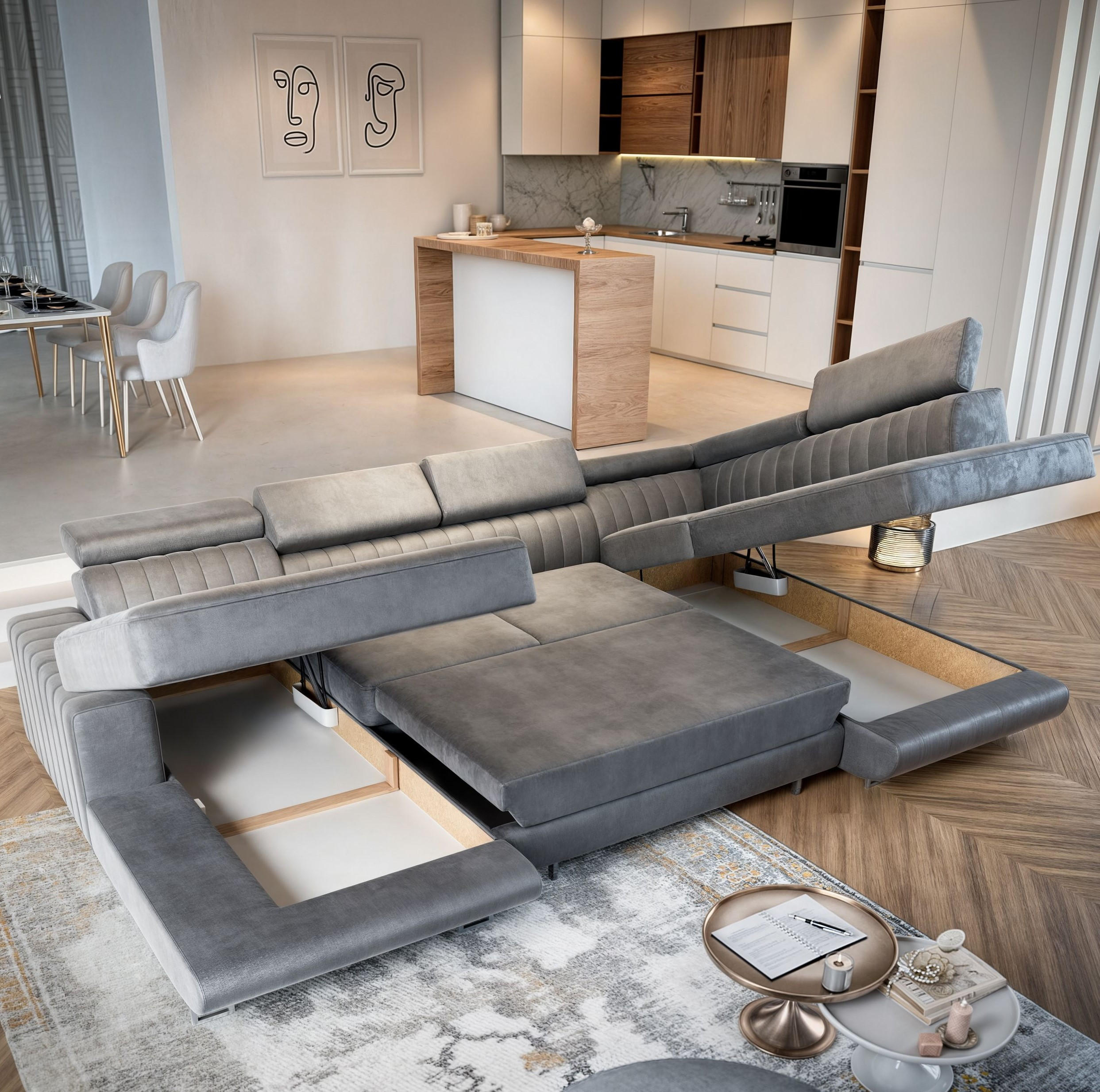 WOHNLANDSCHAFT SIENA R-S Grau Velours-Stoff mit Schlaffunktion - Grau, Holz (335/89/190cm) - MASSENO