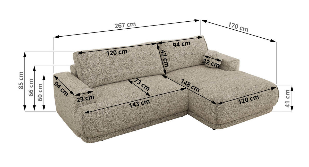 ECKSCHLAFSOFA RINA L Beige Strukture - links - Beige/Schwarz, Kunststoff/Textil (267/170cm) - MKS