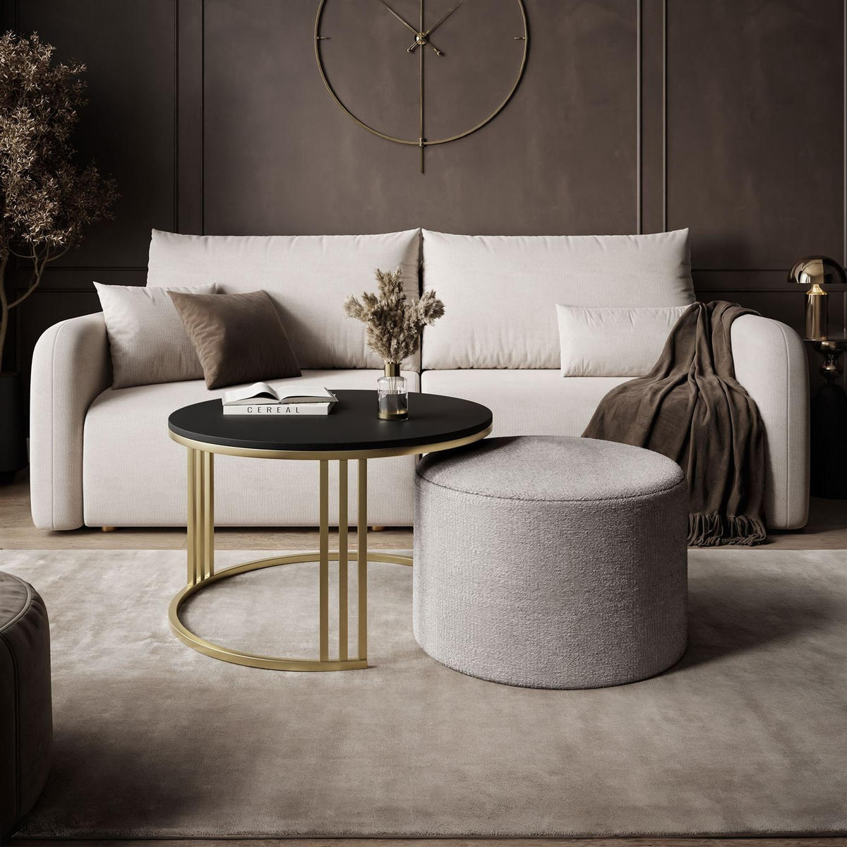 COUCHTISCH mit Hocker LORI MAT gebürstetes Gold/schwarz matt/Perfect Harmony 82 - Schwarz, Metall (70/70/49cm) - Lookway