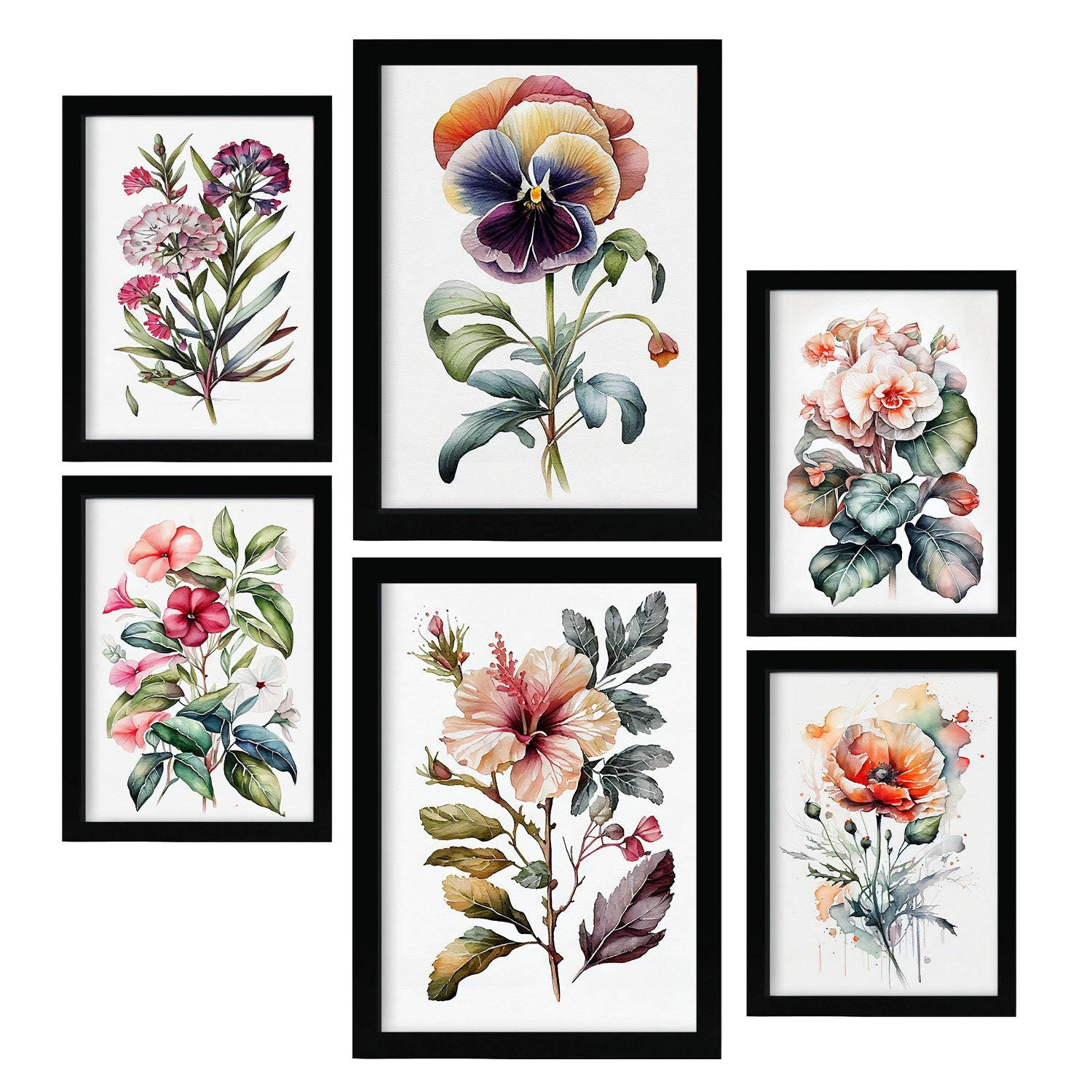 POSTER Set Mit 6 Dunkle Blumen Vollfarbige Natur Und Botanikdrucke Mit Blumenmotiven Auf Reinweißen Hintergründen A3 & A4 Schwarzer Rahmen - Schwarz, Papier (29/3cm) - Nacnic