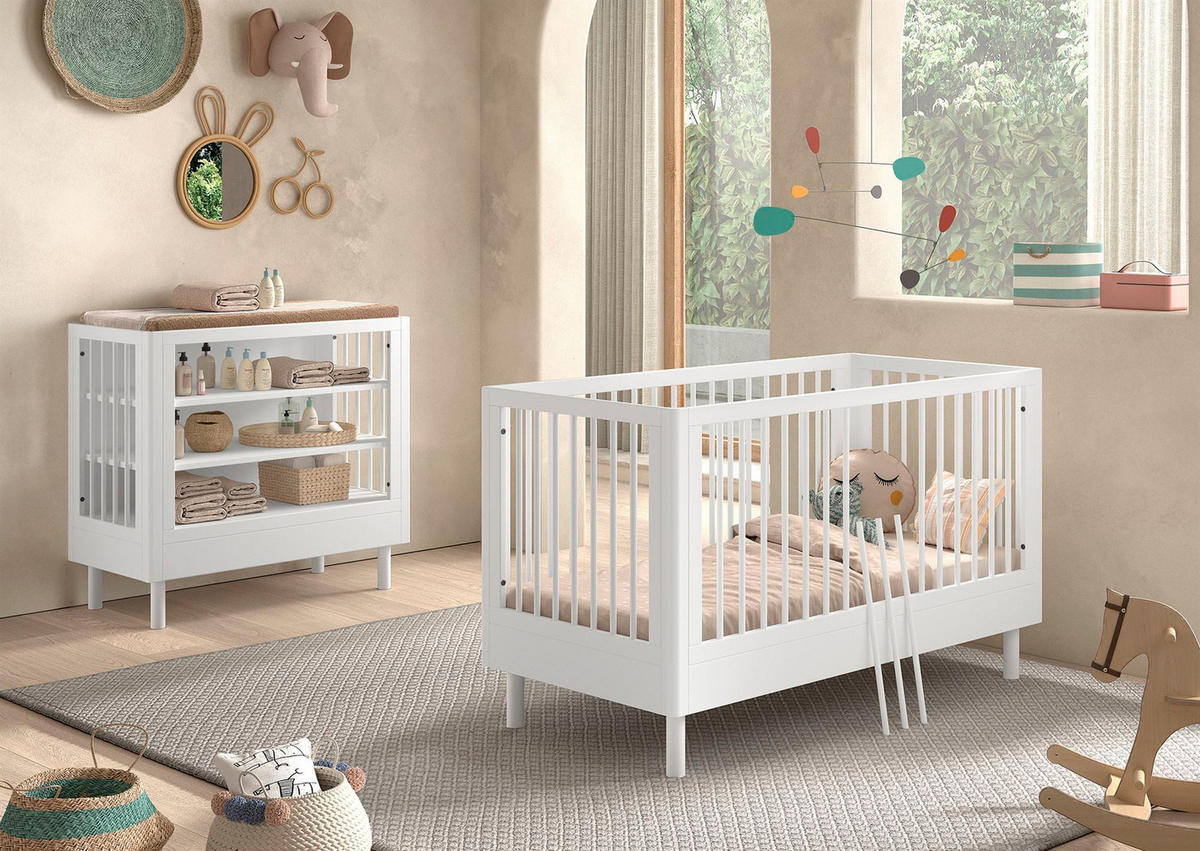 BABYBETT SET 70x140 Keeley Buche Weiß Holz Regal Komfort Stabil - Weiß, Holz (74/88/144cm) - 58aufmkessel
