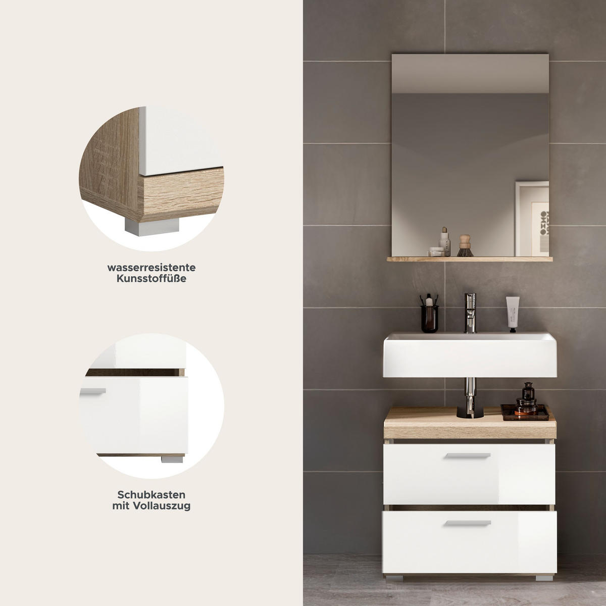 BADKOMBINATION 2tlg. Lambada Bad in Sonoma Eiche hell und weiß hochglanz B/H/T: 60x191x34 cm - Sonoma Eiche, Holz (60/191/37cm)