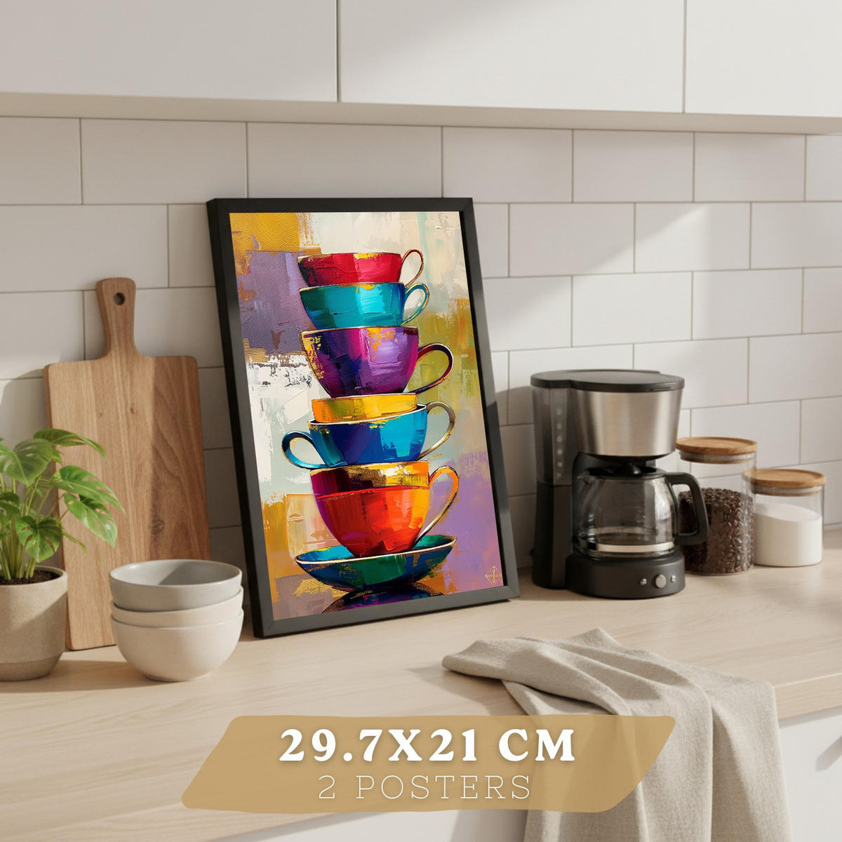 POSTER 2er Set Küchen-Wandbilder Kaffeetassen und Espressomaschine Pop Art Bunt Esszimmer Wanddeko Rahmenlos A4 - Schwarz, Papier (29.7/1/21cm) - Nacnic